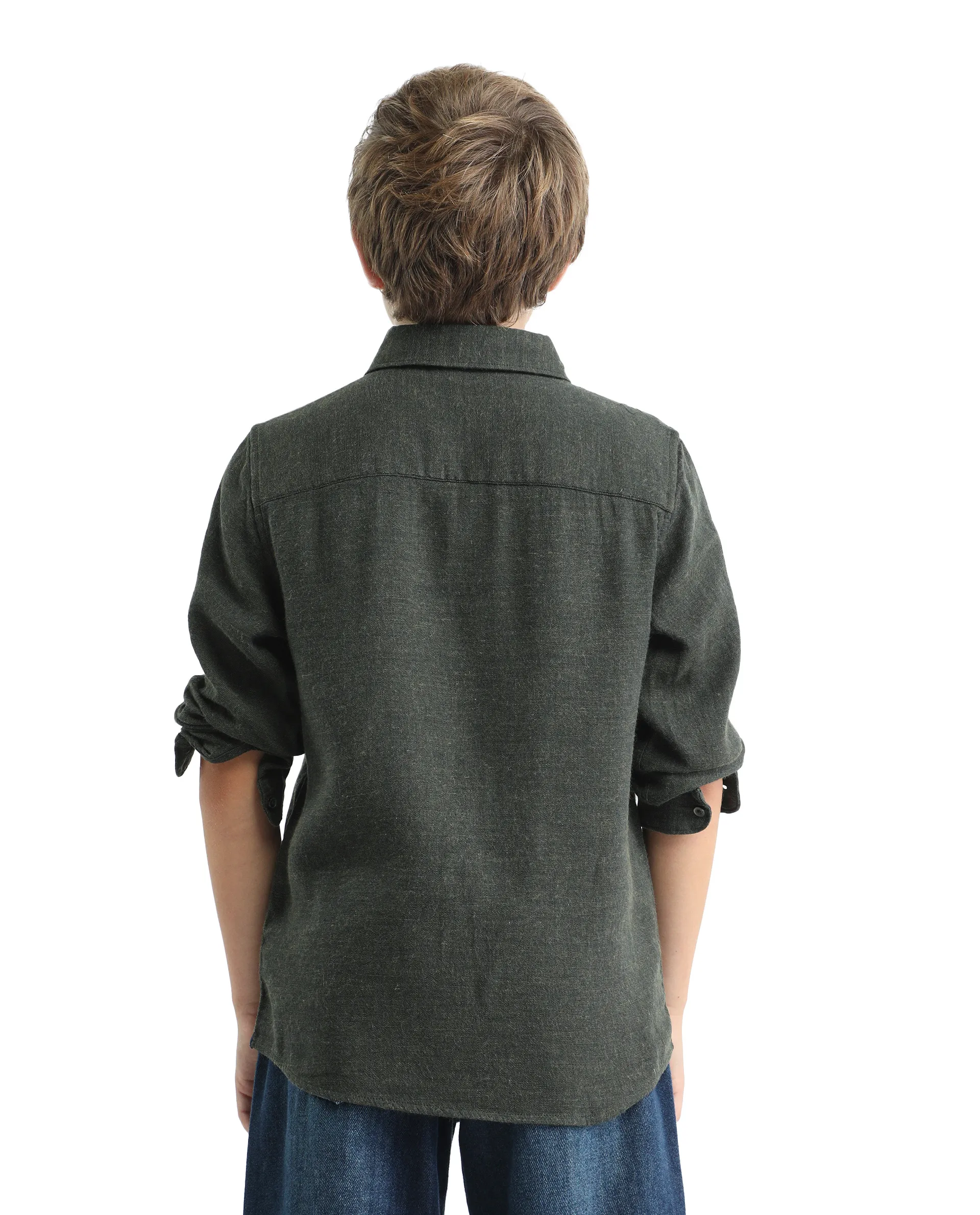 Rare Ones Kids Quen-S Green Cotton Blend Solid Button Closure Regular Fit Shirt - Image 7