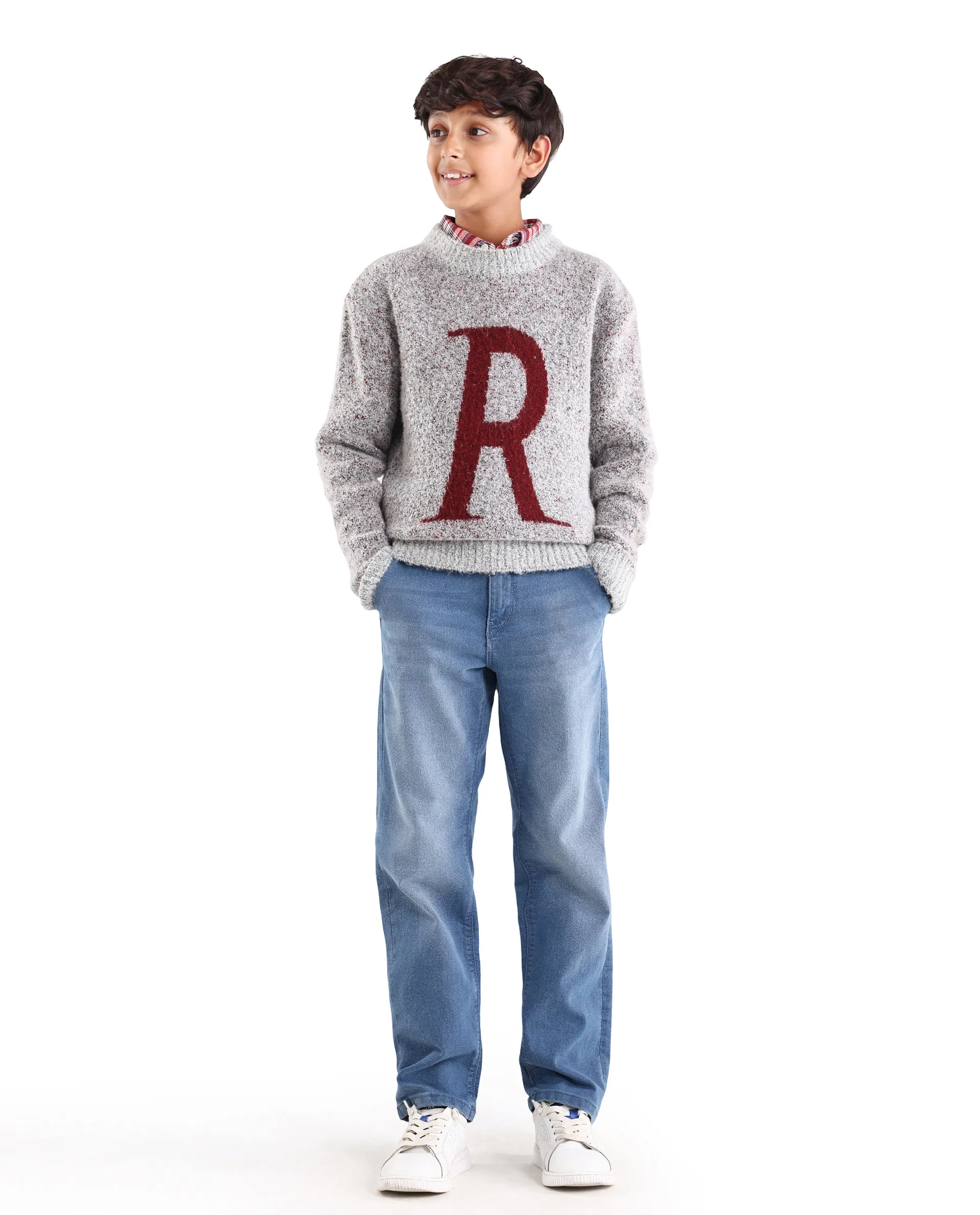 Rare Ones Kids Raz Grey Acrylic Blend Monogram Print Pull On Closure Regular Fit Sweater - Image 2