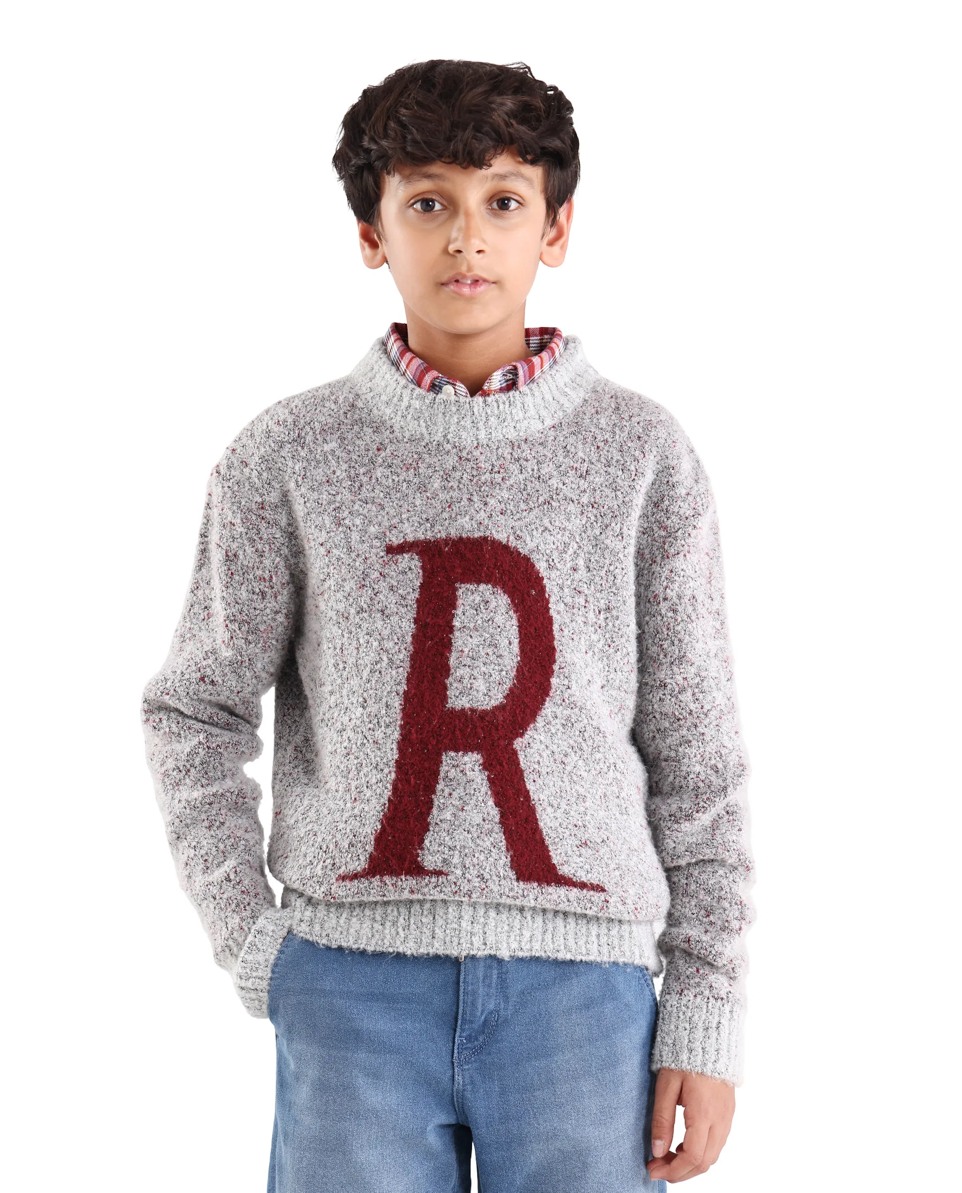 Rare Ones Kids Raz Grey Acrylic Blend Monogram Print Pull On Closure Regular Fit Sweater - Image 3