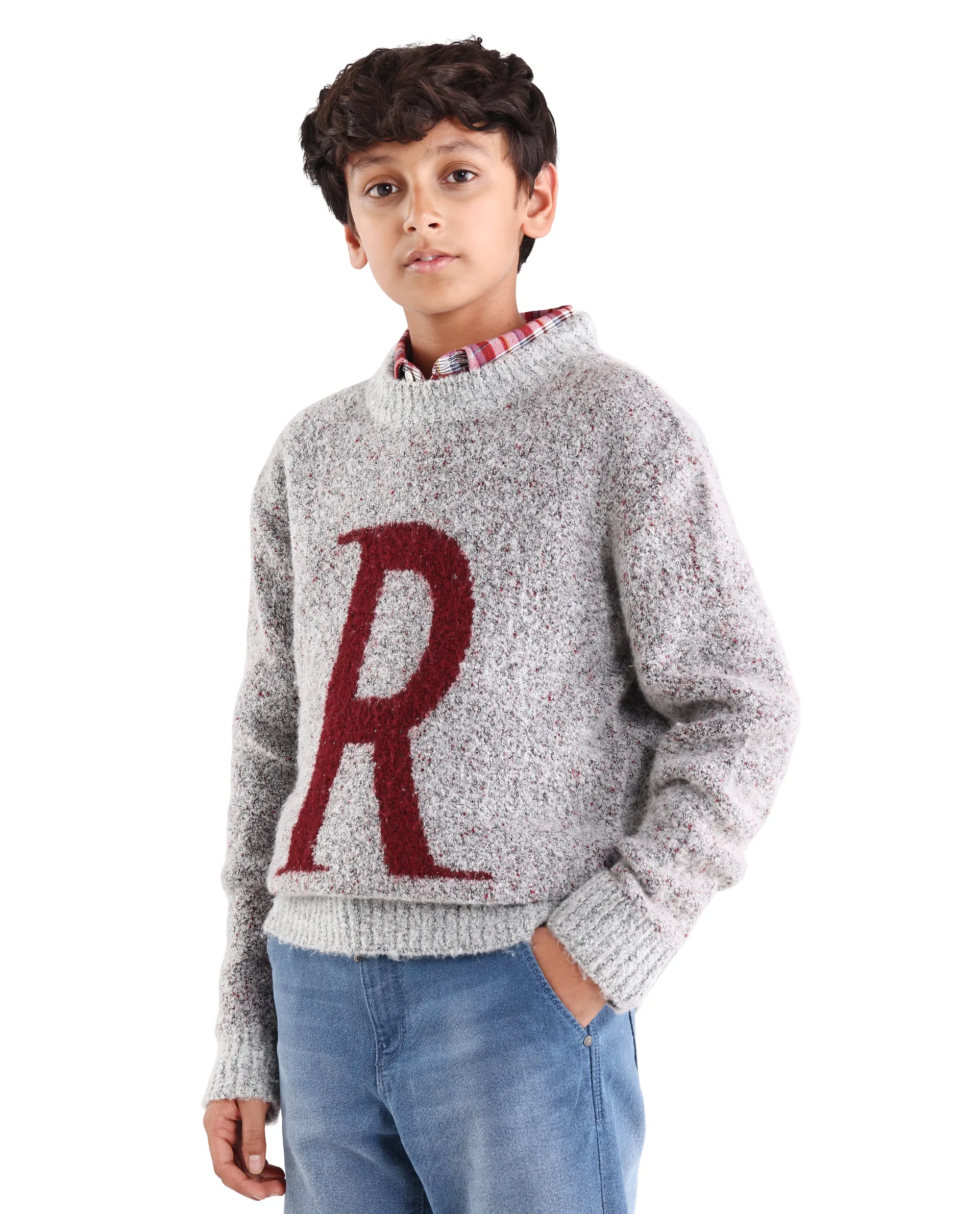 Rare Ones Kids Raz Grey Acrylic Blend Monogram Print Pull On Closure Regular Fit Sweater - Image 5