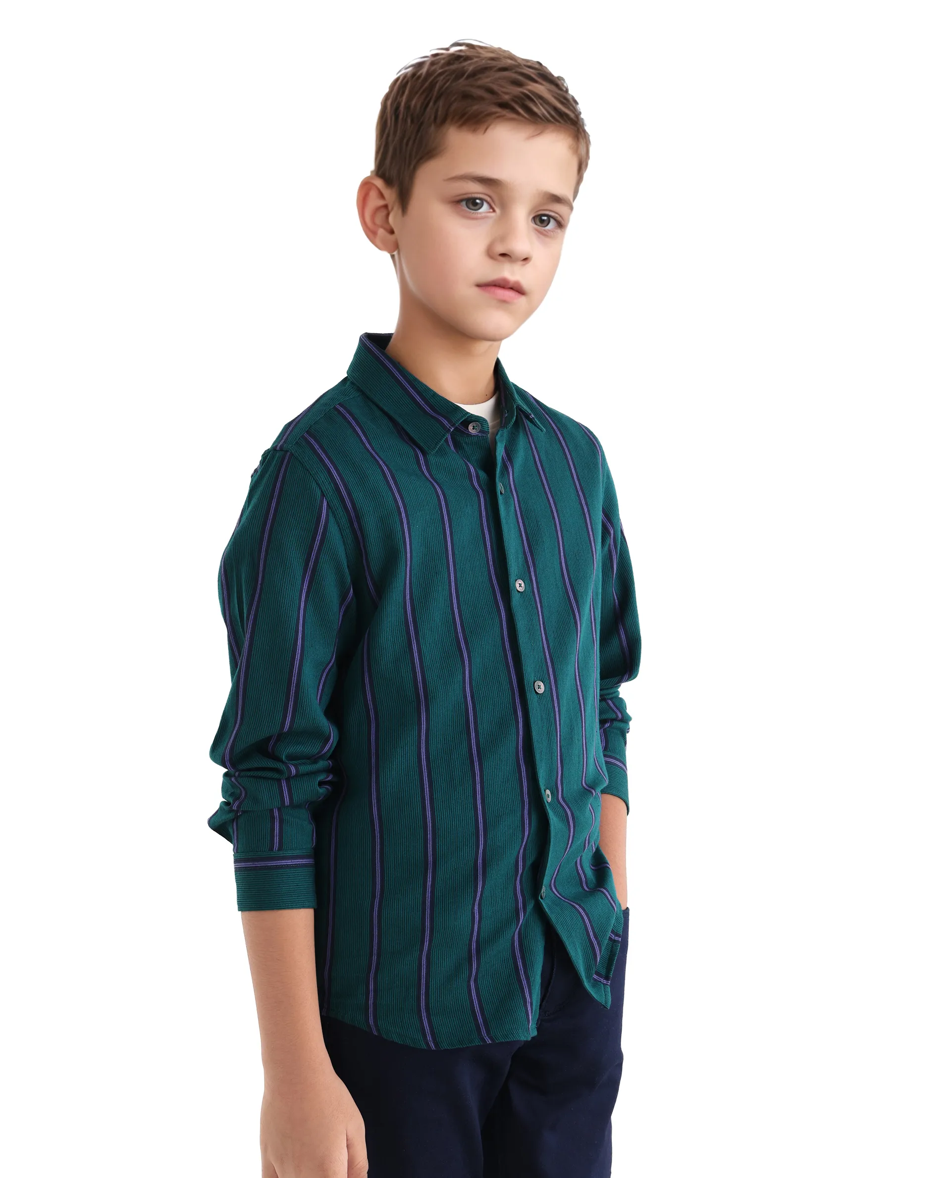 Rare Ones Kids Rigg Dark Teal Cotton Striped Button Closure Regular Fit Shirt - Image 5