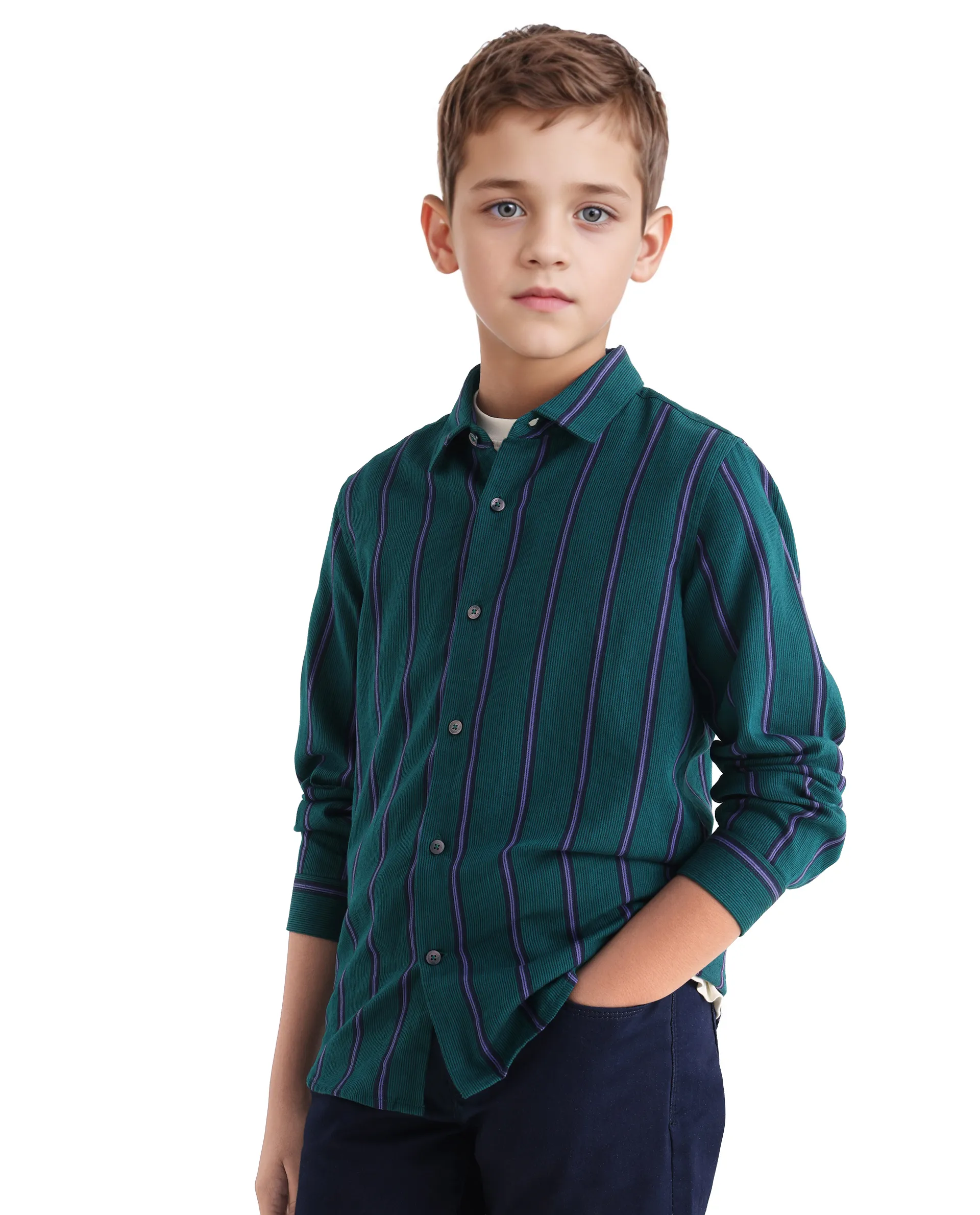 Rare Ones Kids Rigg Dark Teal Cotton Striped Button Closure Regular Fit Shirt - Image 6