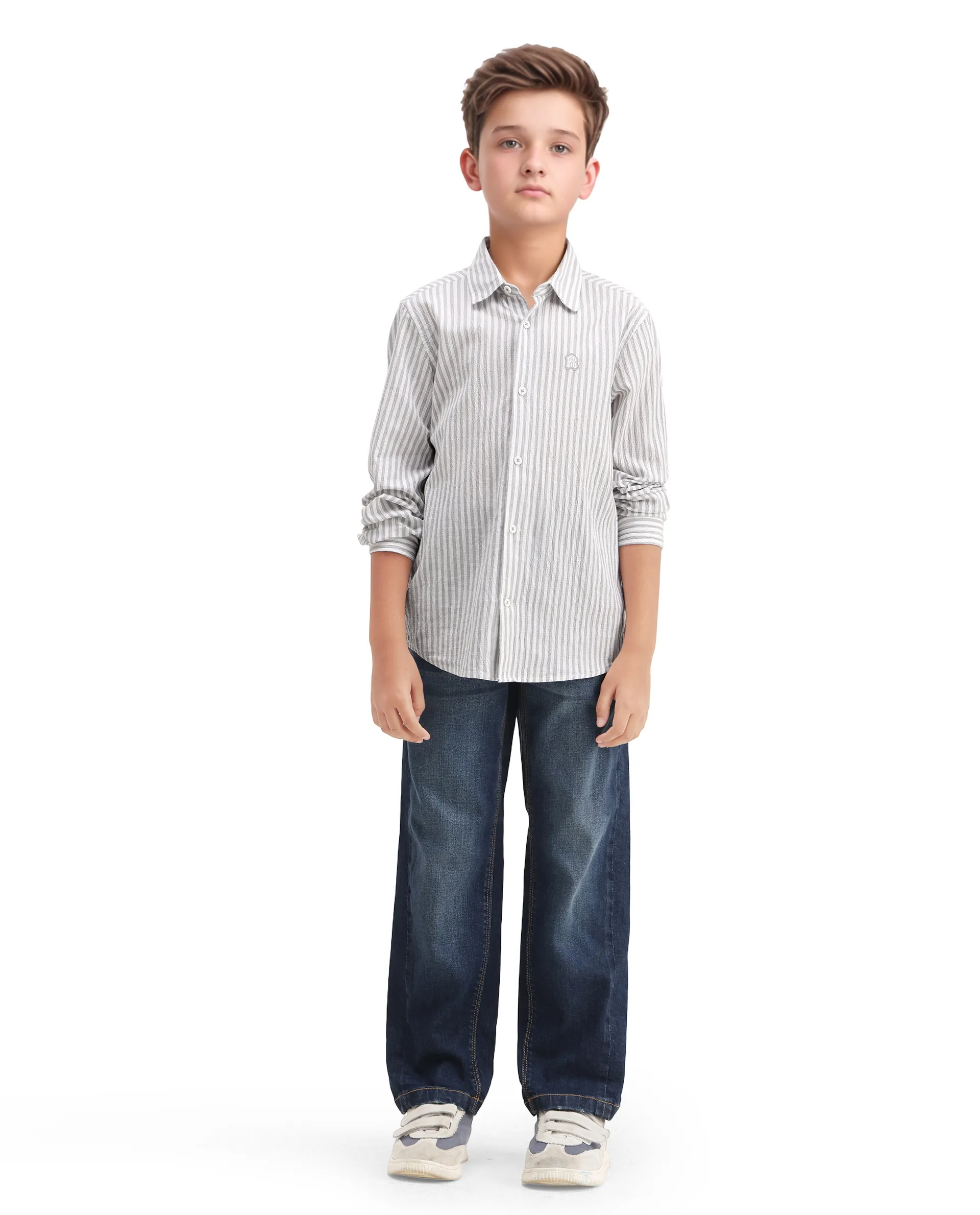 Rare Ones Kids Seer Light Grey Cotton Blend Striped Button Closure Regular Fit Shirt - Image 2