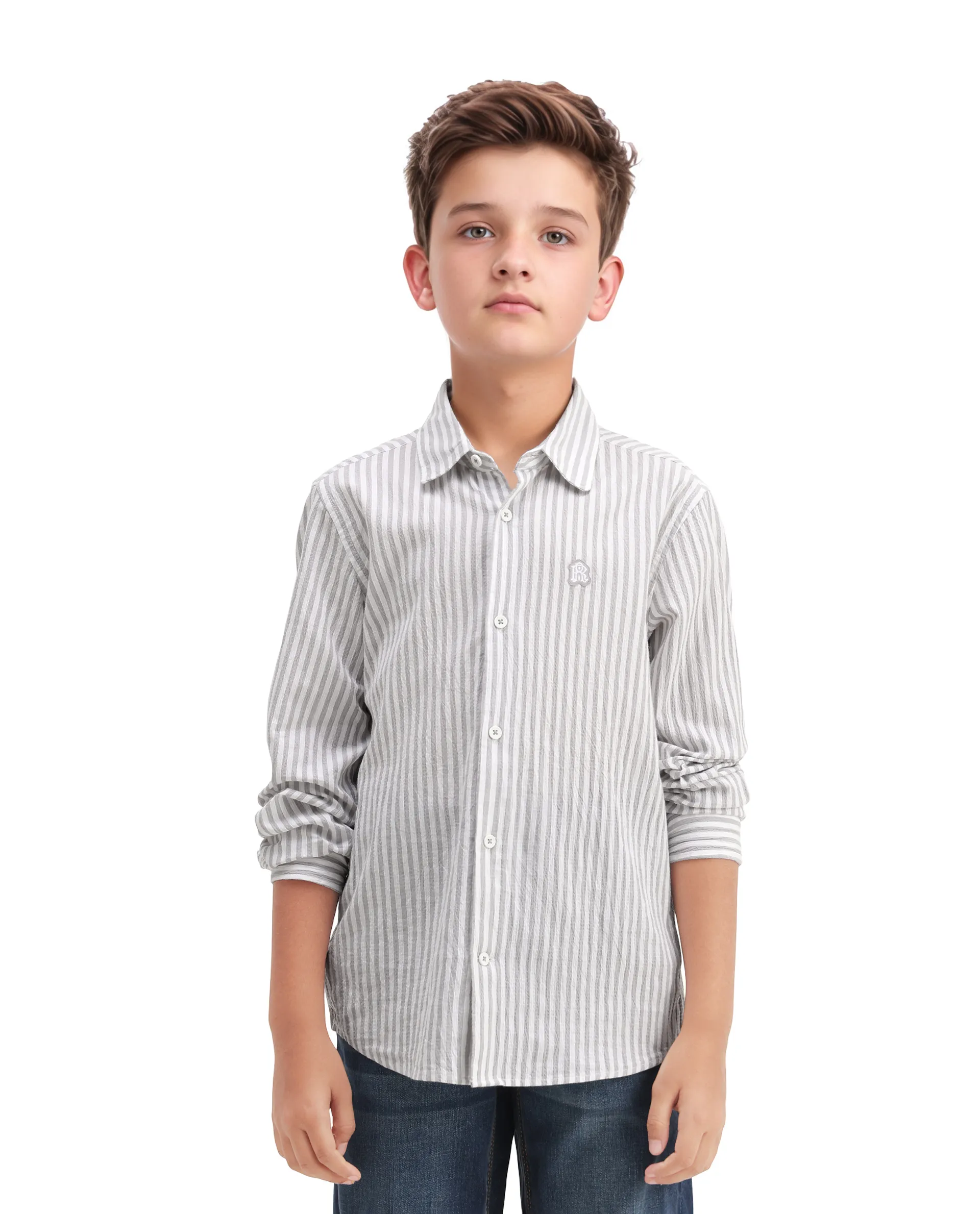 Rare Ones Kids Seer Light Grey Cotton Blend Striped Button Closure Regular Fit Shirt - Image 3