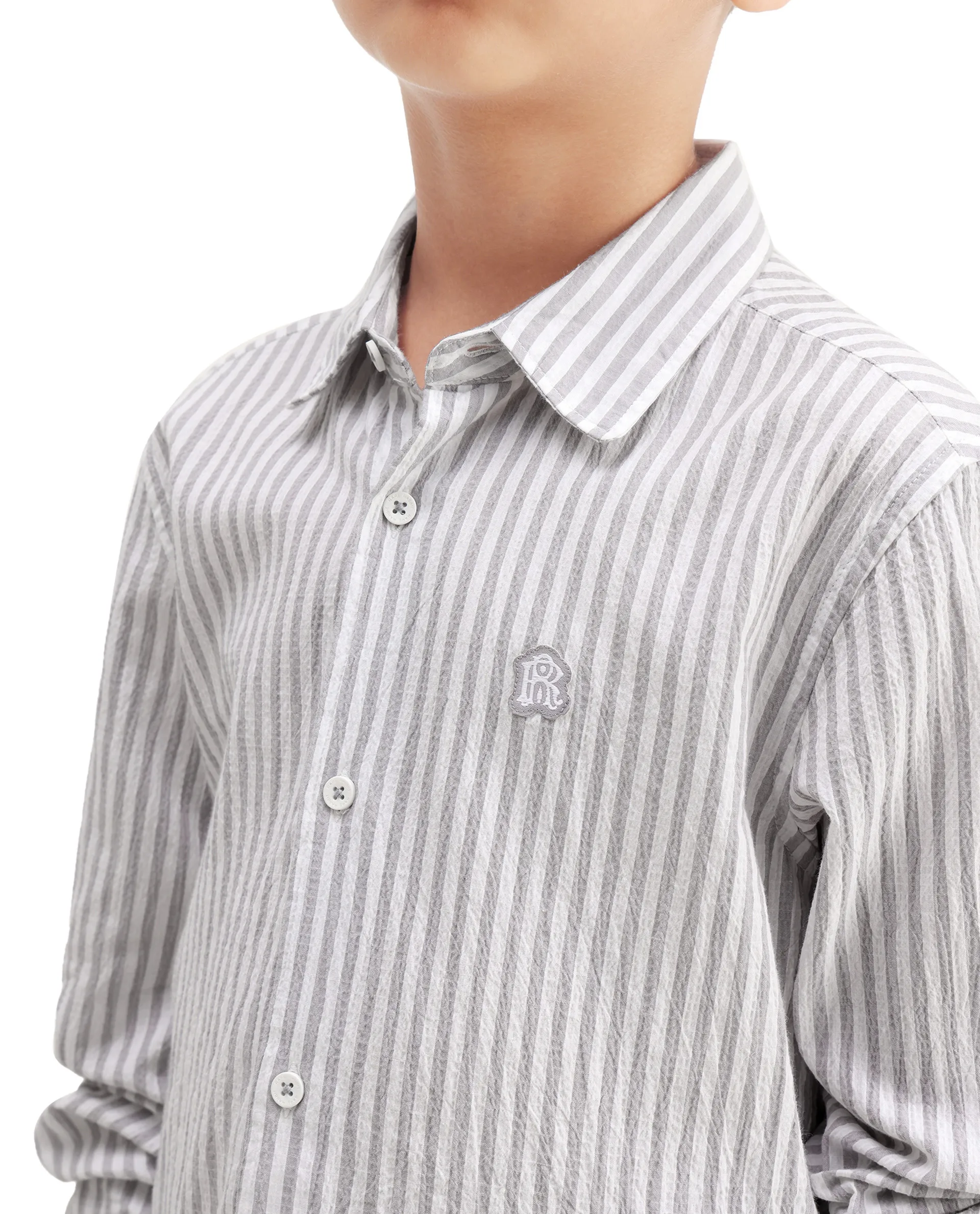 Rare Ones Kids Seer Light Grey Cotton Blend Striped Button Closure Regular Fit Shirt - Image 4
