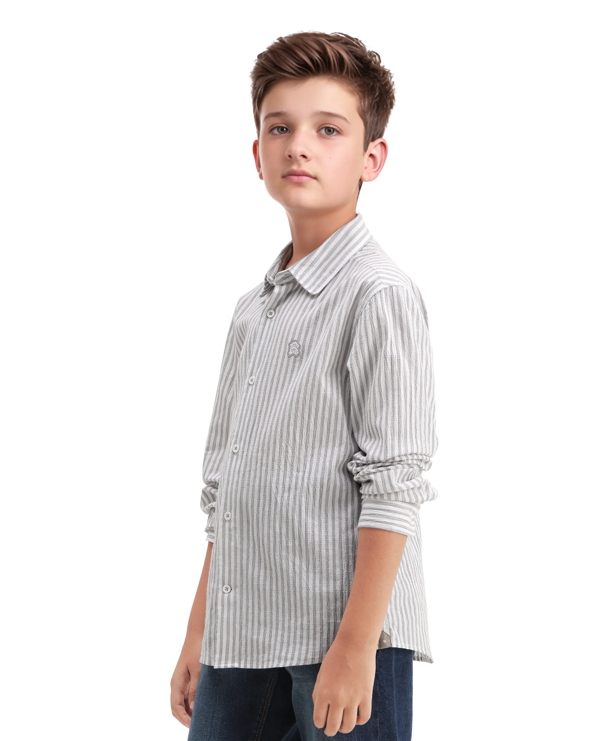 Rare Ones Kids Seer Light Grey Cotton Blend Striped Button Closure Regular Fit Shirt - Image 5