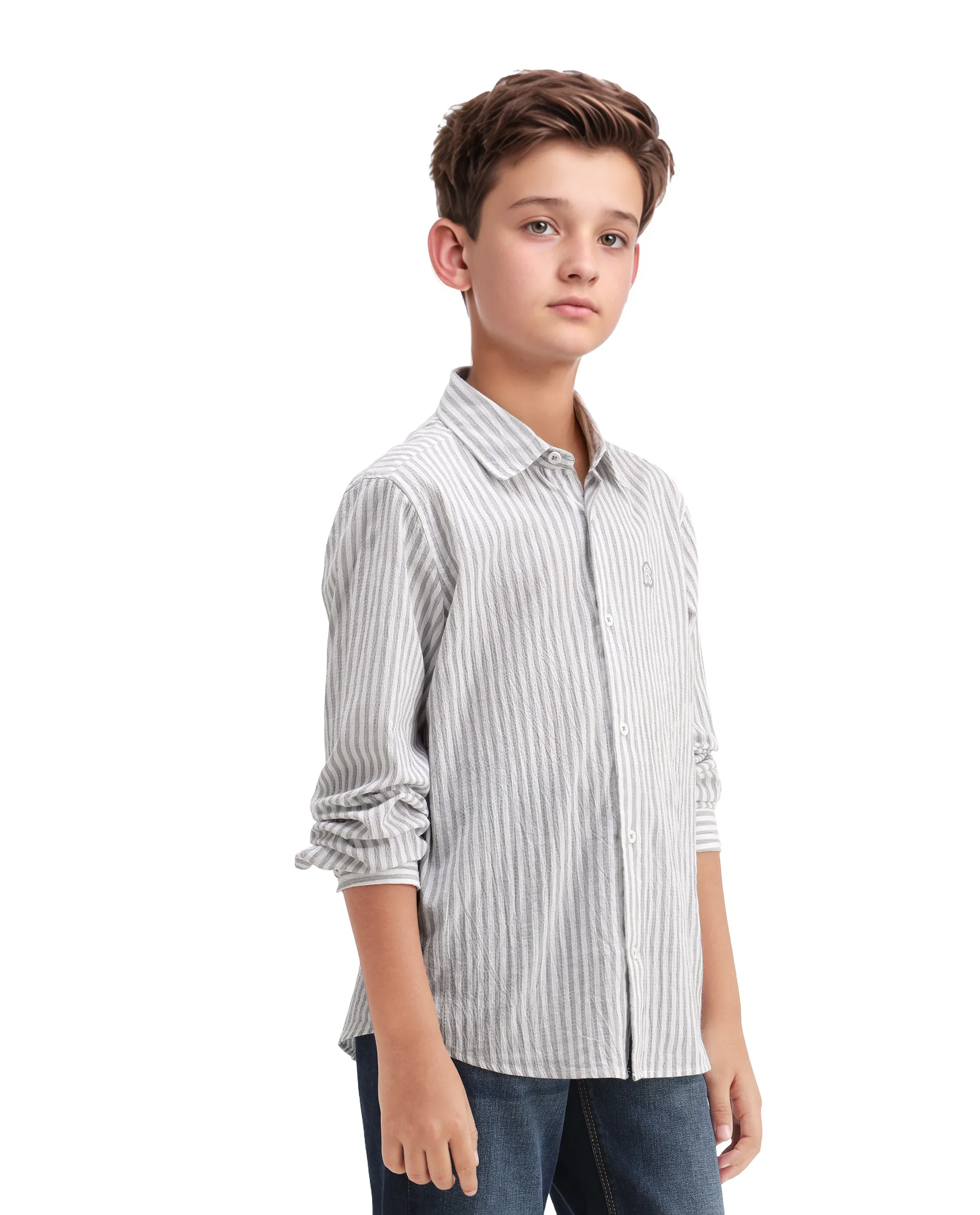 Rare Ones Kids Seer Light Grey Cotton Blend Striped Button Closure Regular Fit Shirt - Image 6