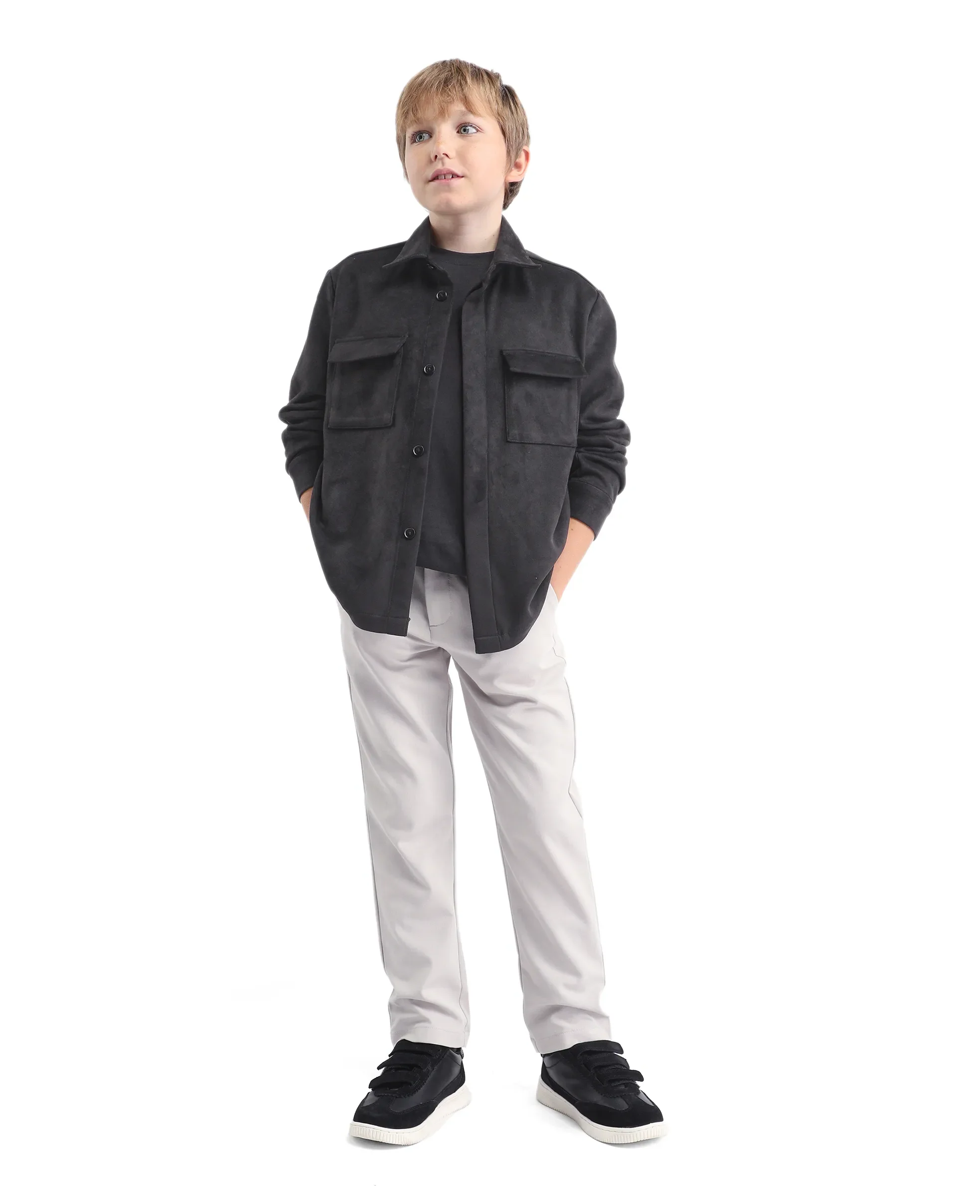 Rare Ones Kids Delo-K Black Polyester Blend Button Closure Spread Collar Plain Full Sleeves Regular Fit Shacket - Image 2
