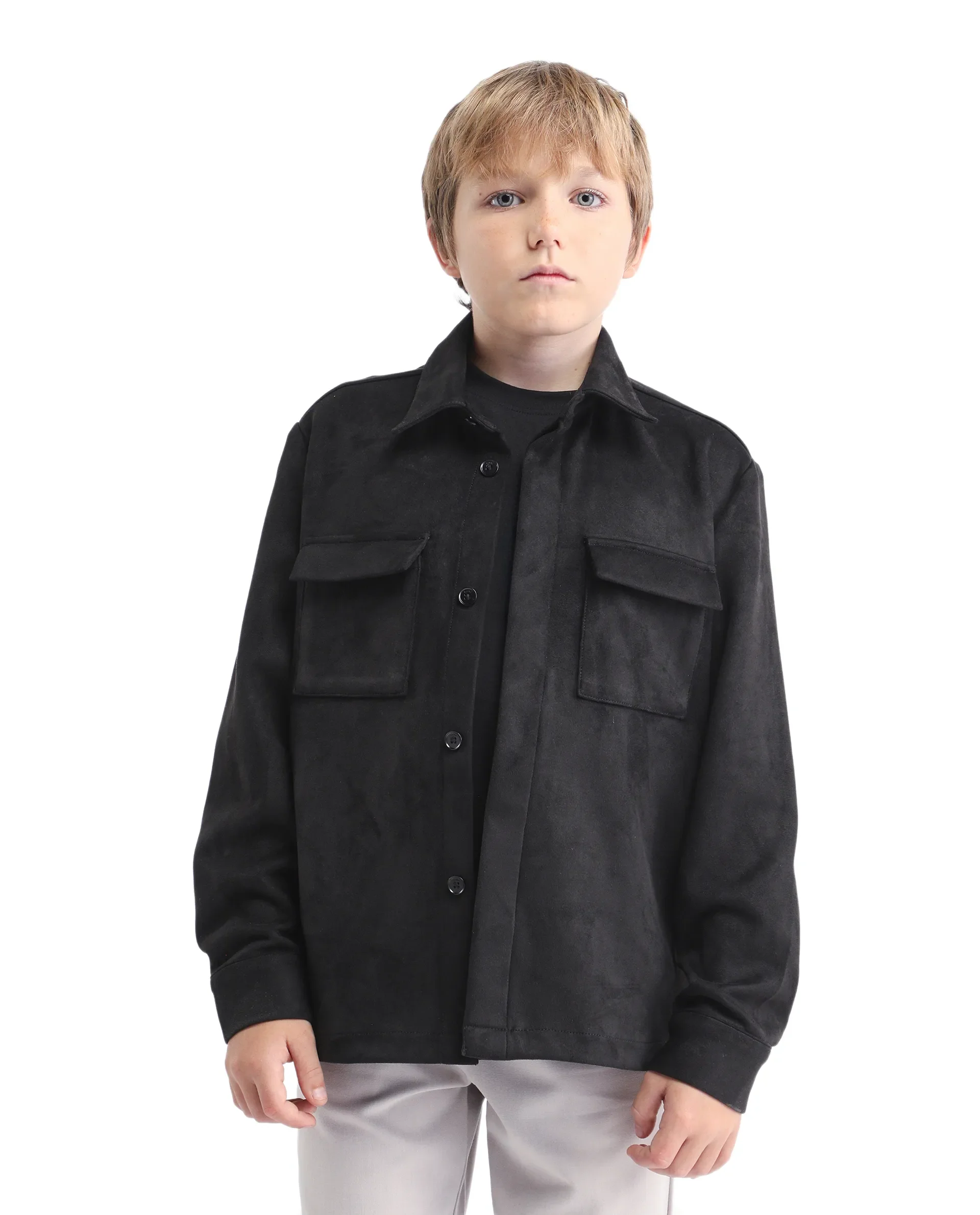 Rare Ones Kids Delo-K Black Polyester Blend Button Closure Spread Collar Plain Full Sleeves Regular Fit Shacket - Image 3