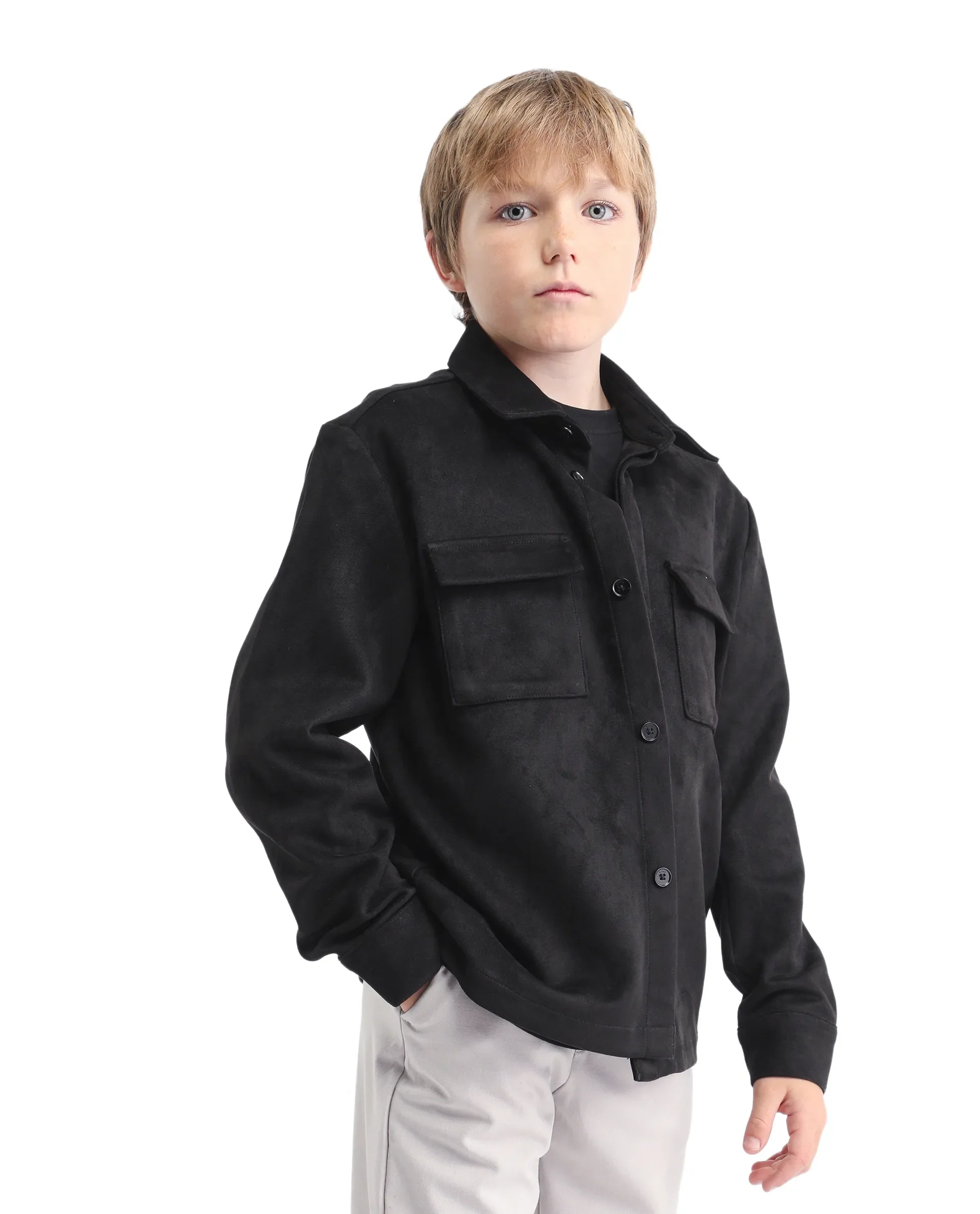 Rare Ones Kids Delo-K Black Polyester Blend Button Closure Spread Collar Plain Full Sleeves Regular Fit Shacket - Image 6