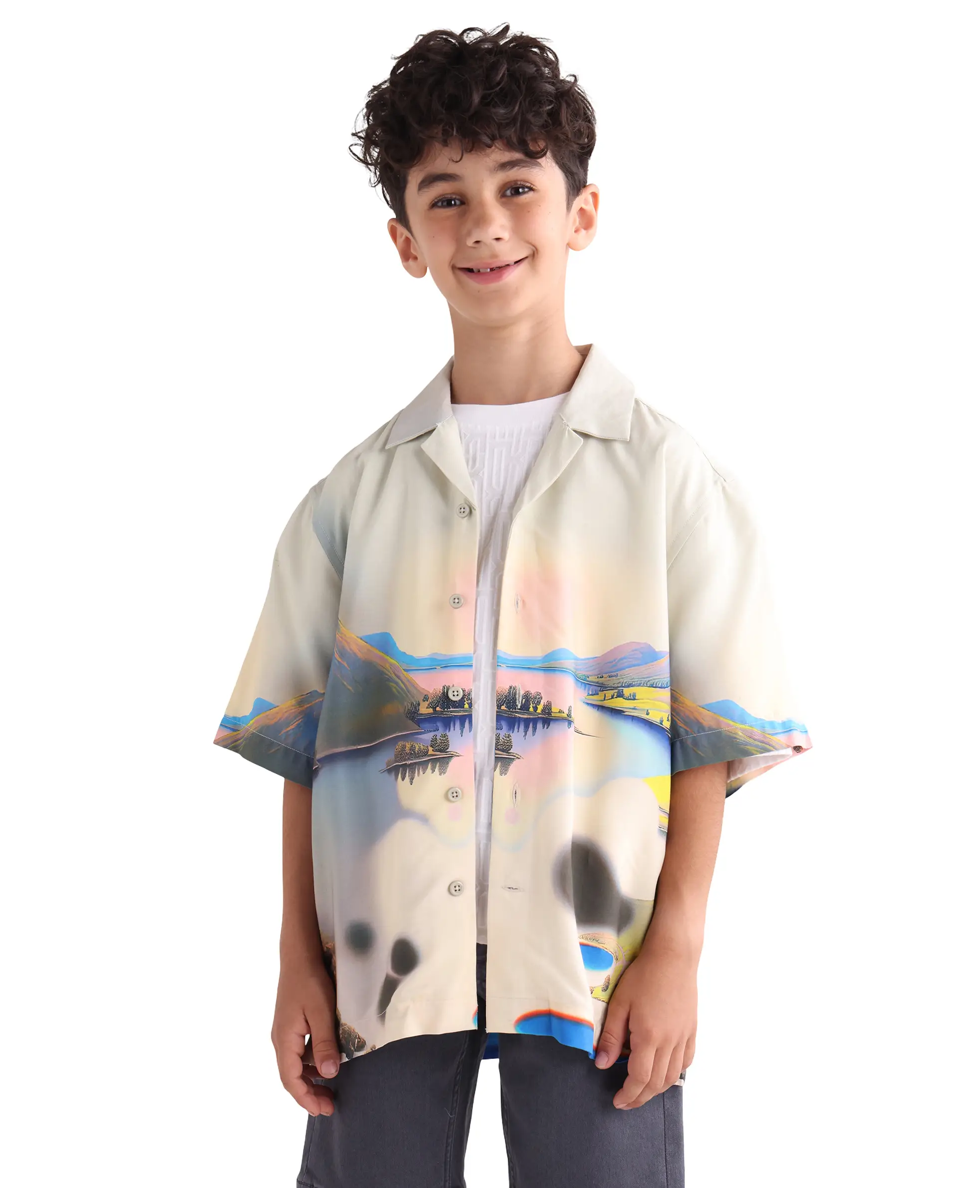 Rare Ones Kids Afix-K Light Yellow Viscose Rayon Fabric Button Closure Digital Print Boxy Fit Shirt - Image 5