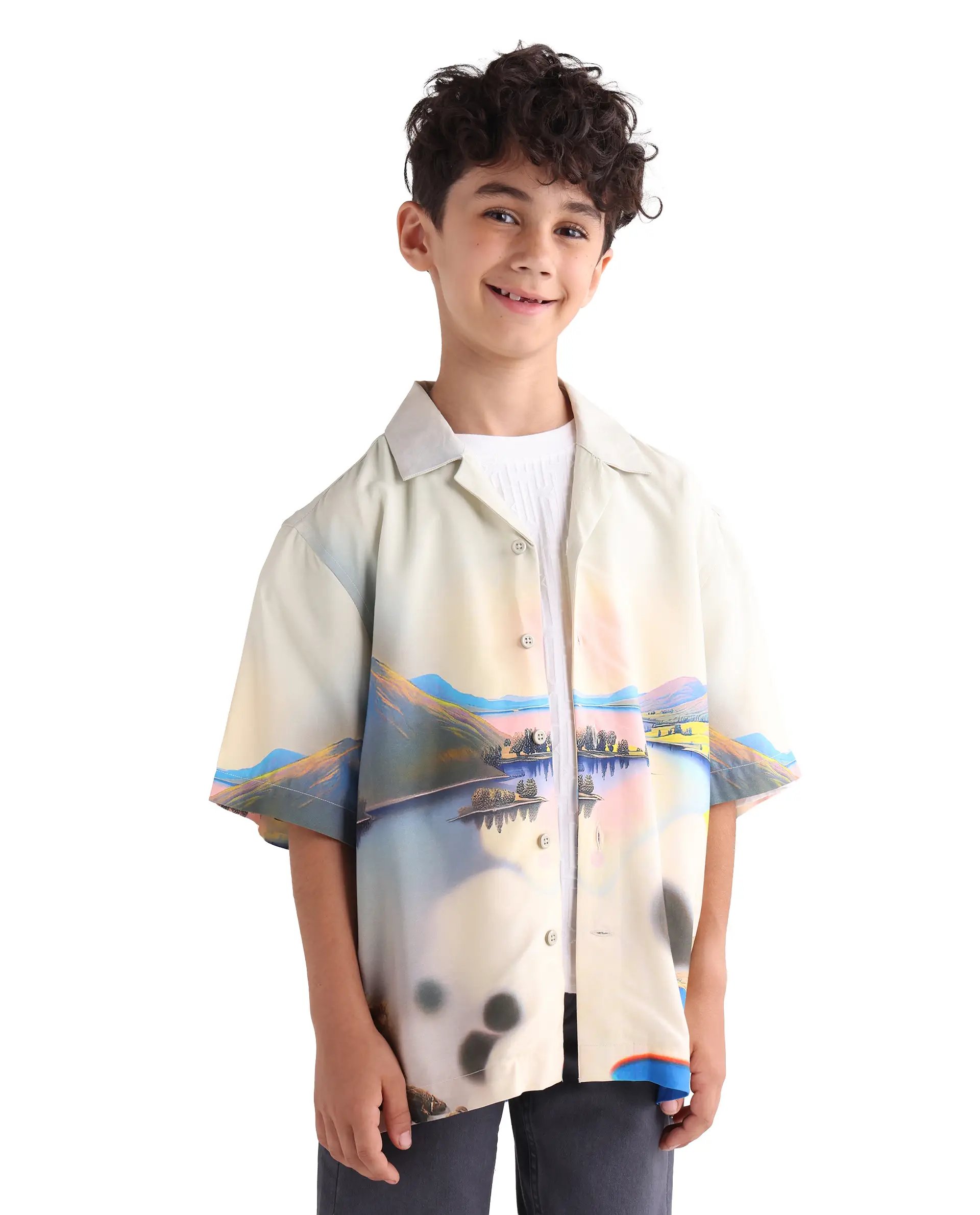 Rare Ones Kids Afix-K Light Yellow Viscose Rayon Fabric Button Closure Digital Print Boxy Fit Shirt - Image 6