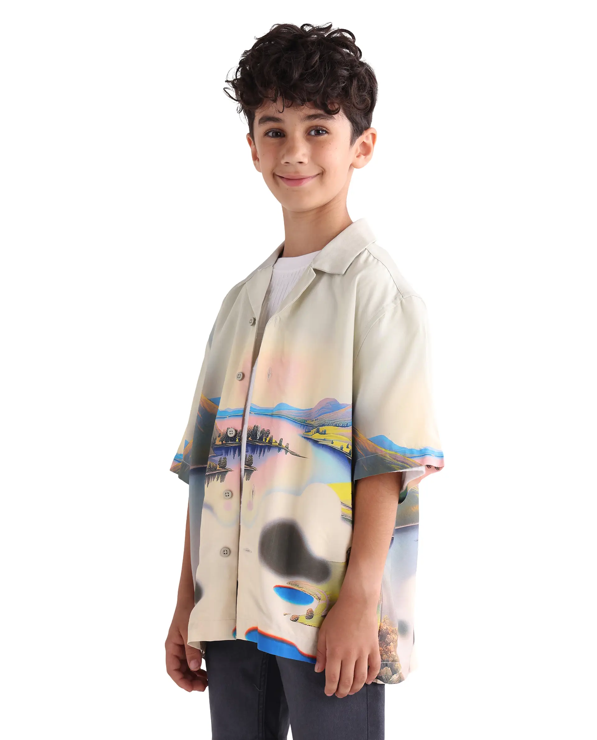 Rare Ones Kids Afix-K Light Yellow Viscose Rayon Fabric Button Closure Digital Print Boxy Fit Shirt - Image 7