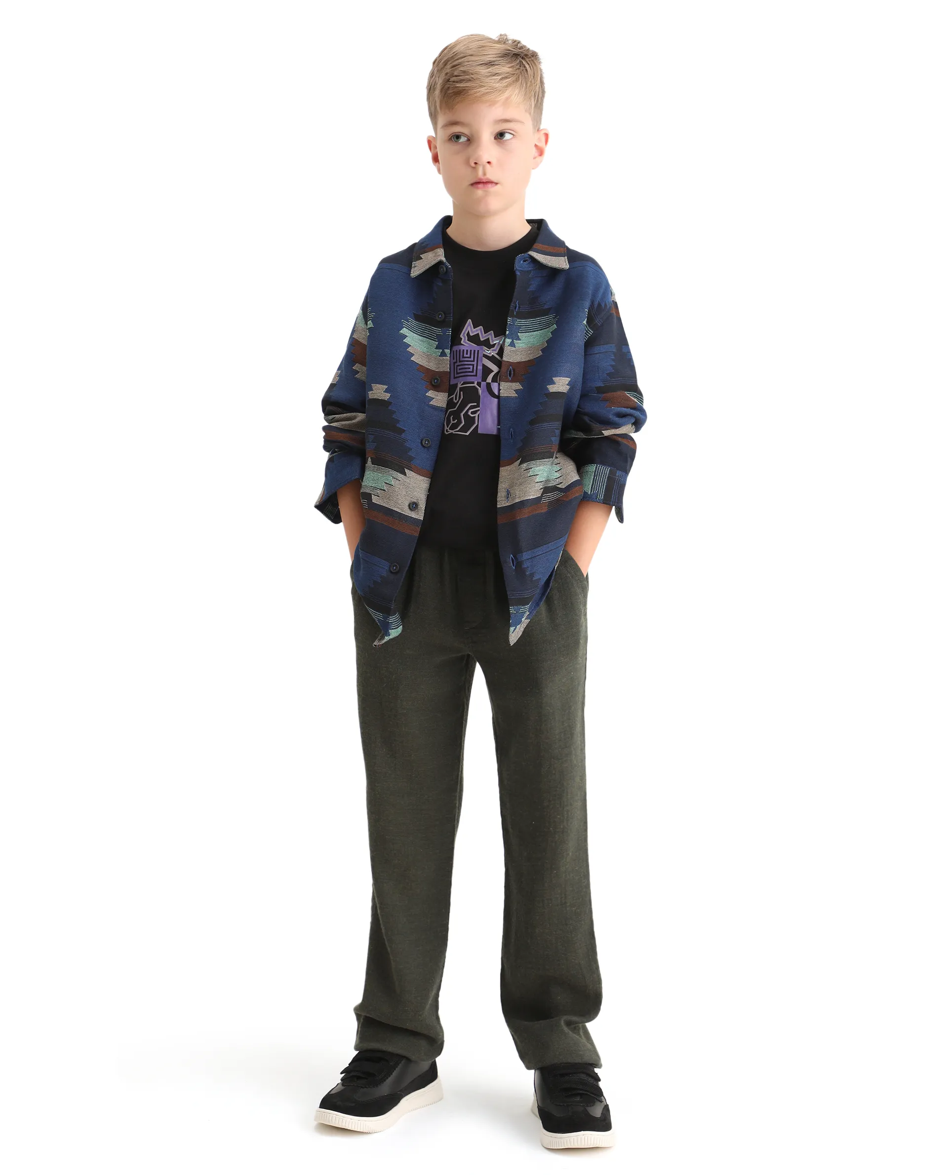 Rare Ones Kids Azlo-K Blue Cotton Blend Button Closure Spread Collar Jacquard Full Sleeves Oversized Fit Shirt - Image 2