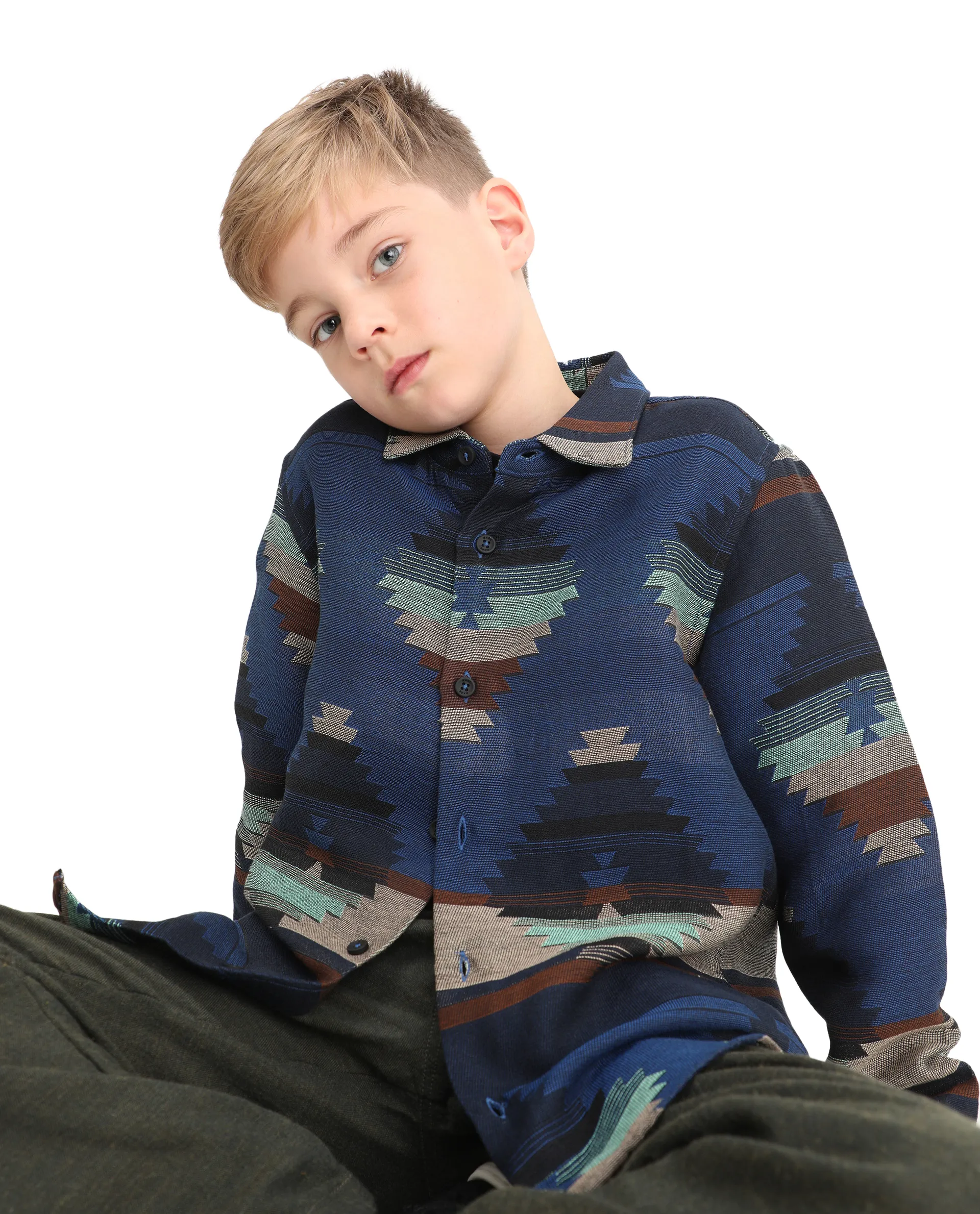 Rare Ones Kids Azlo-K Blue Cotton Blend Button Closure Spread Collar Jacquard Full Sleeves Oversized Fit Shirt - Image 3