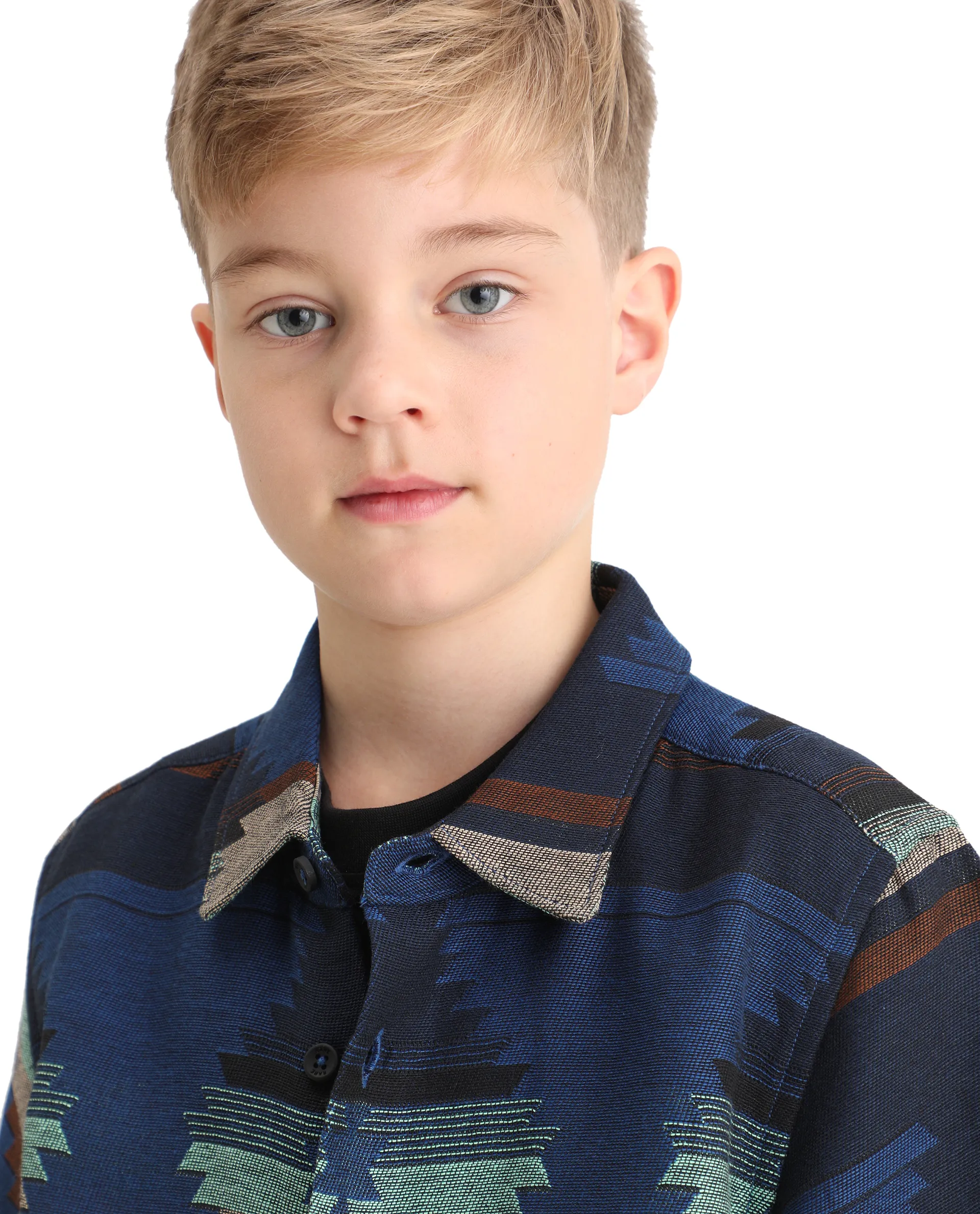 Rare Ones Kids Azlo-K Blue Cotton Blend Button Closure Spread Collar Jacquard Full Sleeves Oversized Fit Shirt - Image 4