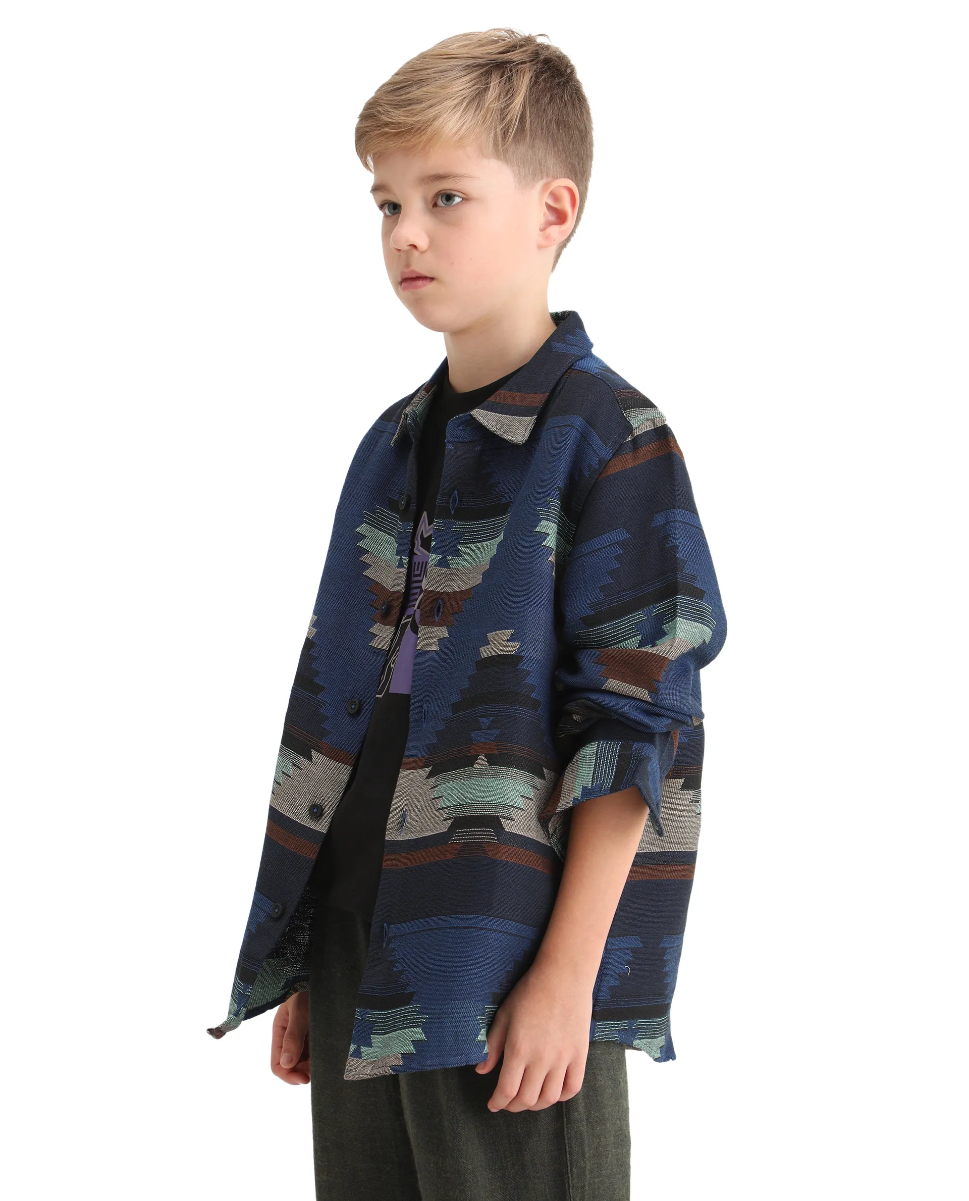 Rare Ones Kids Azlo-K Blue Cotton Blend Button Closure Spread Collar Jacquard Full Sleeves Oversized Fit Shirt - Image 5
