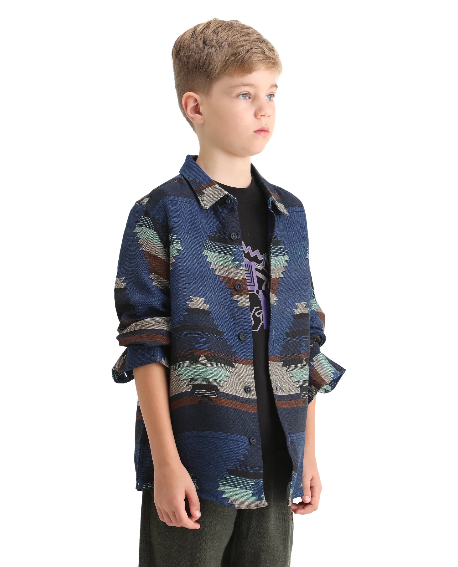 Rare Ones Kids Azlo-K Blue Cotton Blend Button Closure Spread Collar Jacquard Full Sleeves Oversized Fit Shirt - Image 6