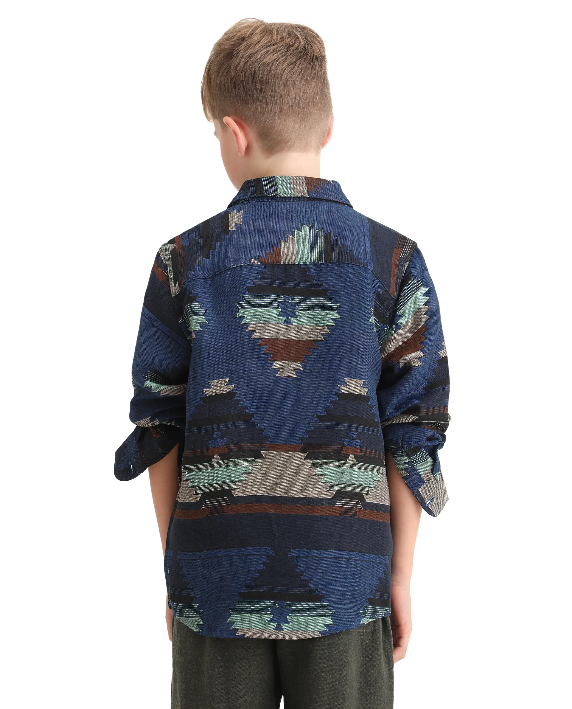 Rare Ones Kids Azlo-K Blue Cotton Blend Button Closure Spread Collar Jacquard Full Sleeves Oversized Fit Shirt - Image 7