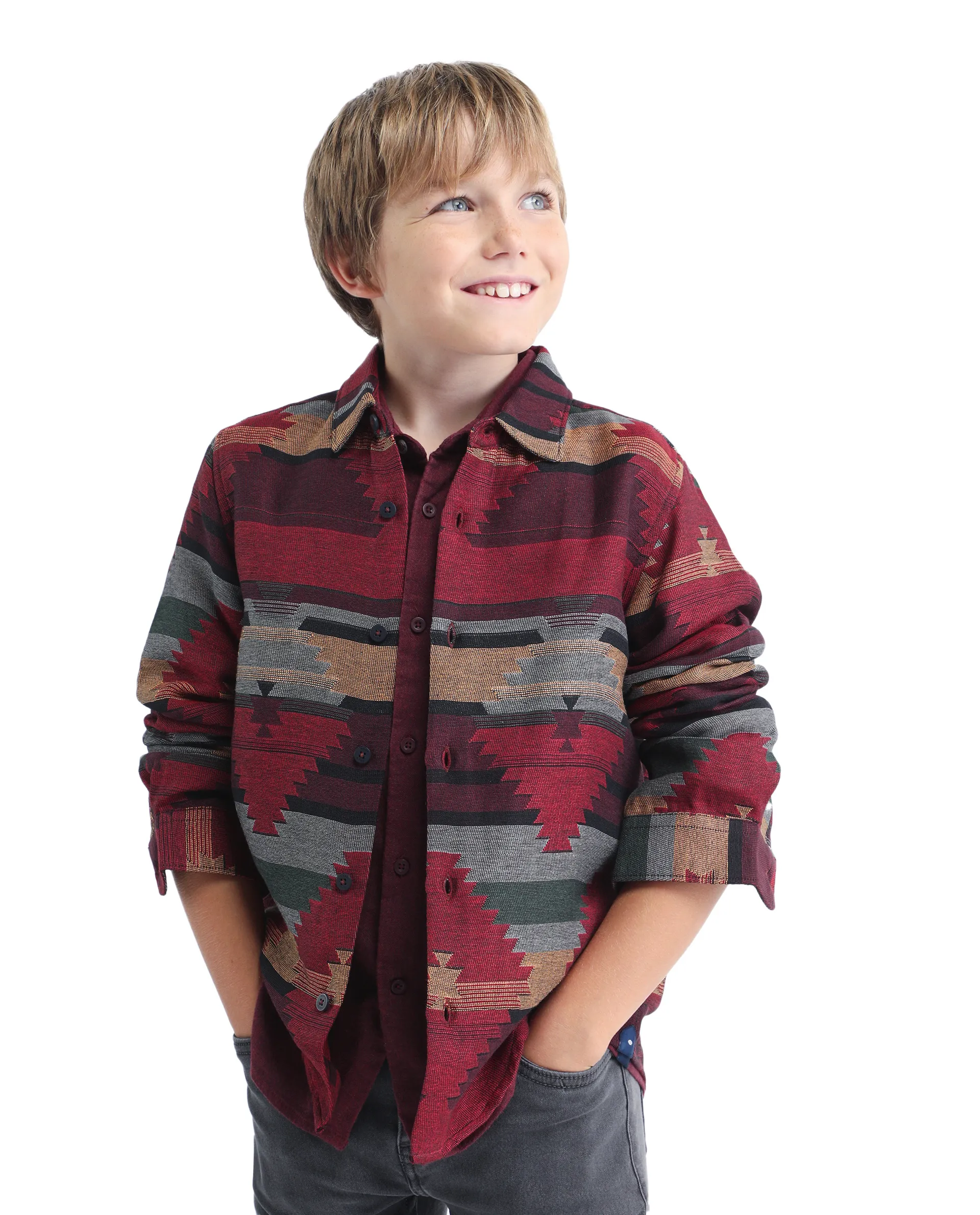 Rare Ones Kids Azlo-K Red Cotton Blend Button Closure Spread Collar Jacquard Full Sleeves Regular Fit Shirt