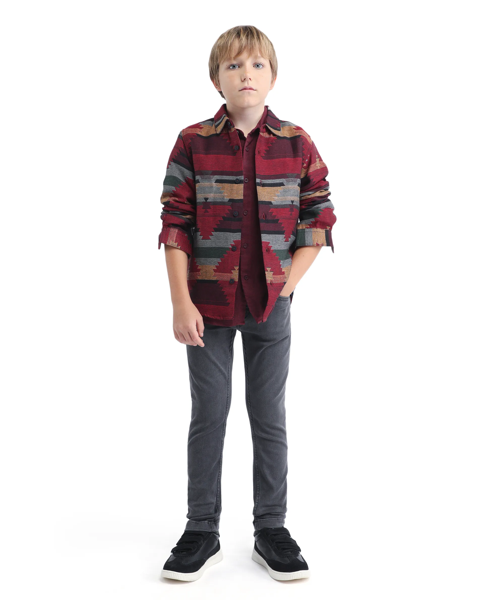 Rare Ones Kids Azlo-K Red Cotton Blend Button Closure Spread Collar Jacquard Full Sleeves Regular Fit Shirt - Image 2
