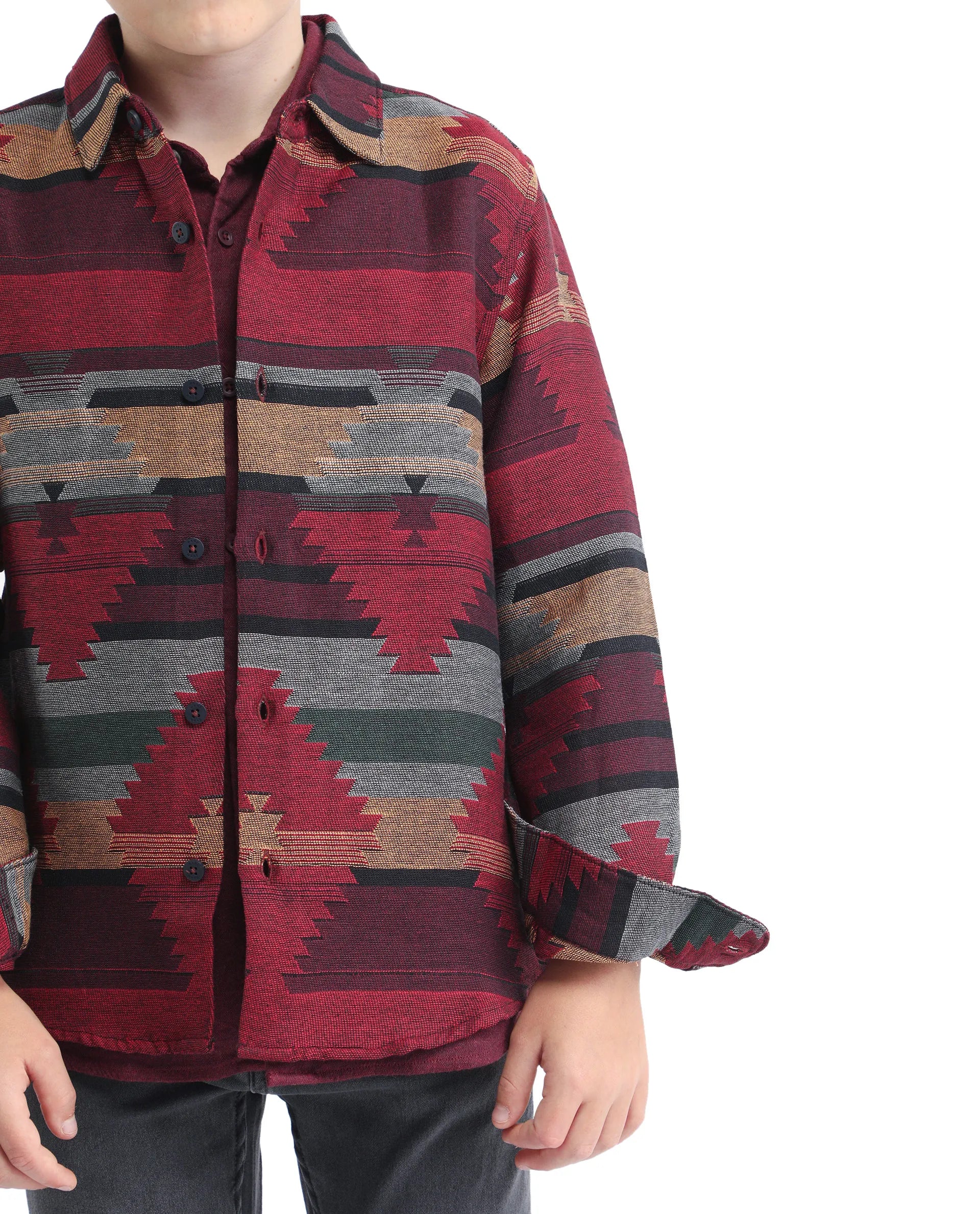 Rare Ones Kids Azlo-K Red Cotton Blend Button Closure Spread Collar Jacquard Full Sleeves Regular Fit Shirt - Image 3