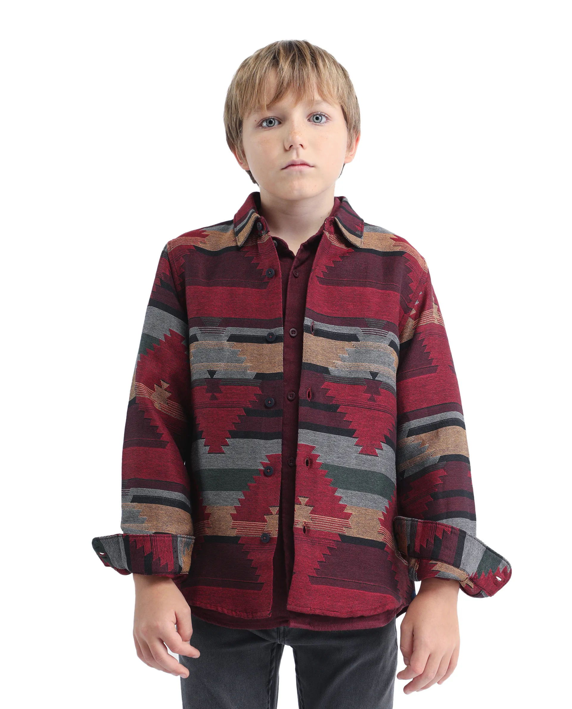 Rare Ones Kids Azlo-K Red Cotton Blend Button Closure Spread Collar Jacquard Full Sleeves Regular Fit Shirt - Image 4