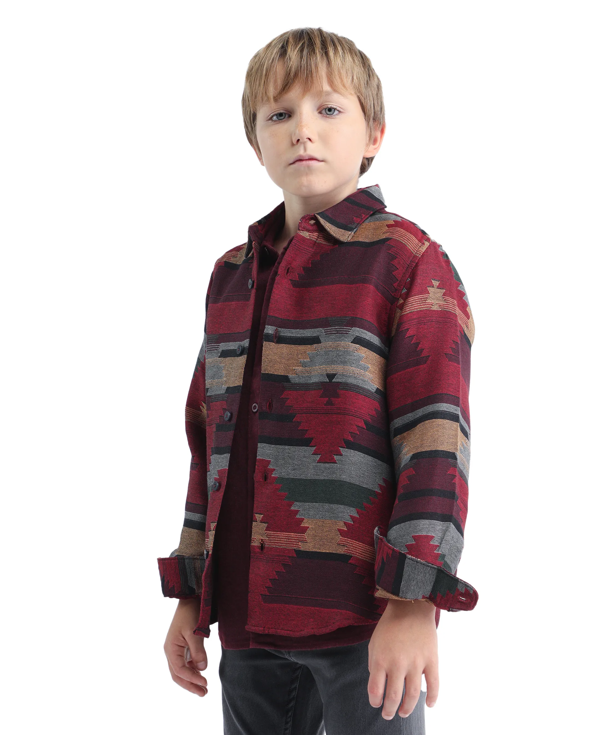 Rare Ones Kids Azlo-K Red Cotton Blend Button Closure Spread Collar Jacquard Full Sleeves Regular Fit Shirt - Image 5