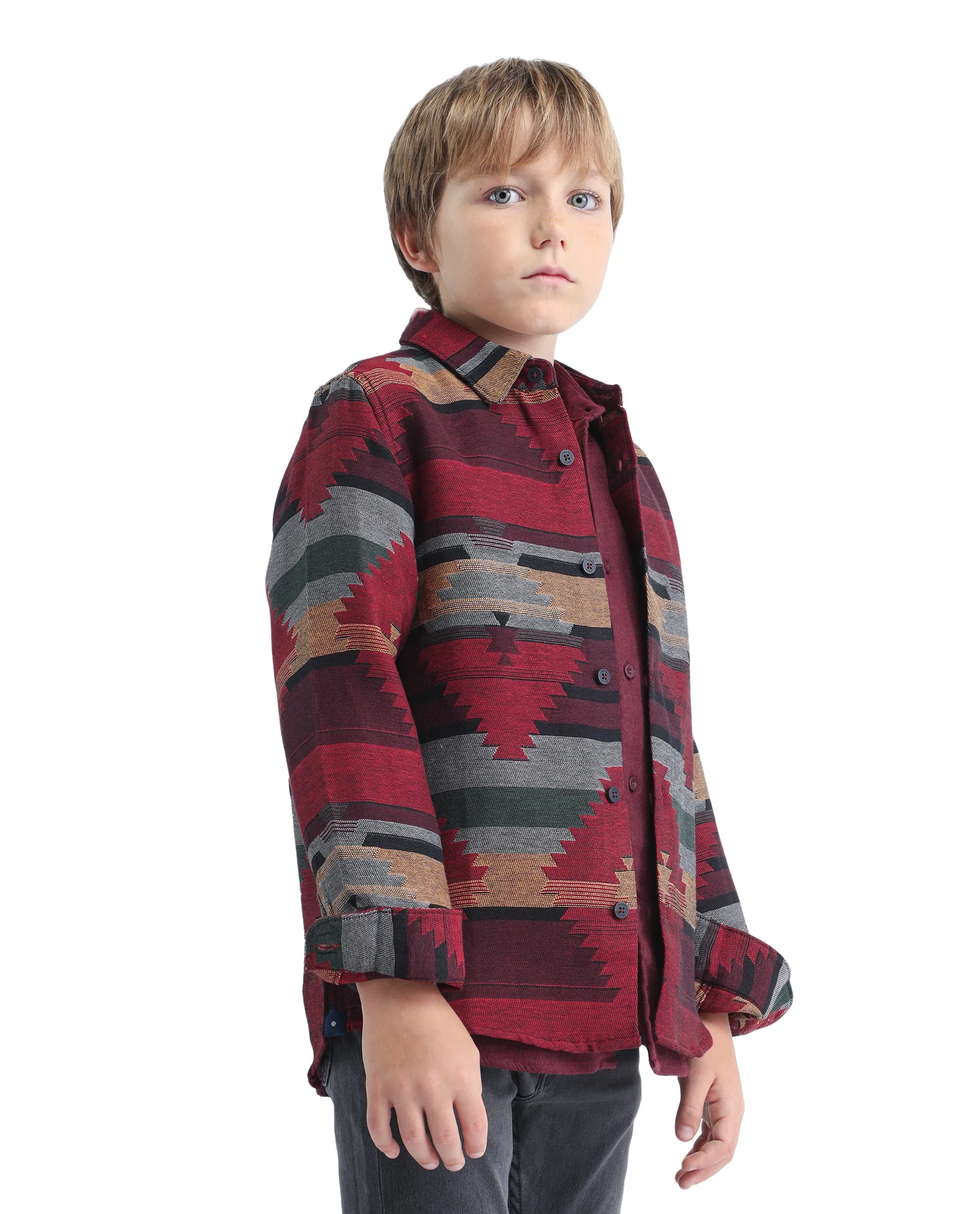 Rare Ones Kids Azlo-K Red Cotton Blend Button Closure Spread Collar Jacquard Full Sleeves Regular Fit Shirt - Image 6