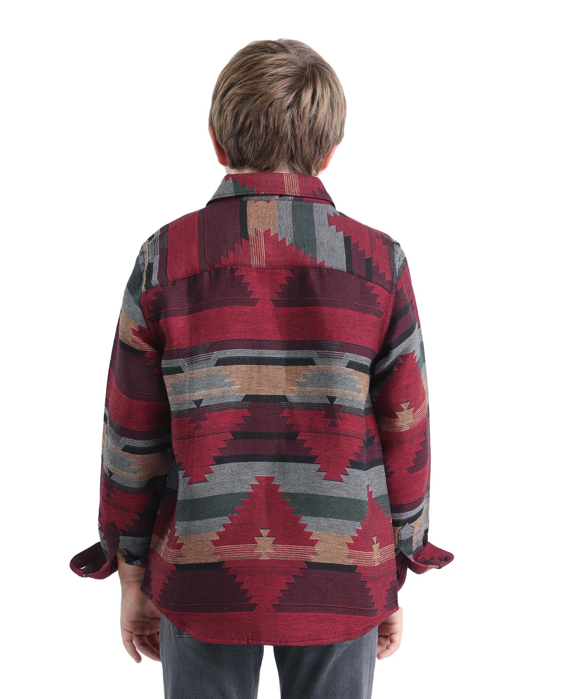 Rare Ones Kids Azlo-K Red Cotton Blend Button Closure Spread Collar Jacquard Full Sleeves Regular Fit Shirt - Image 7