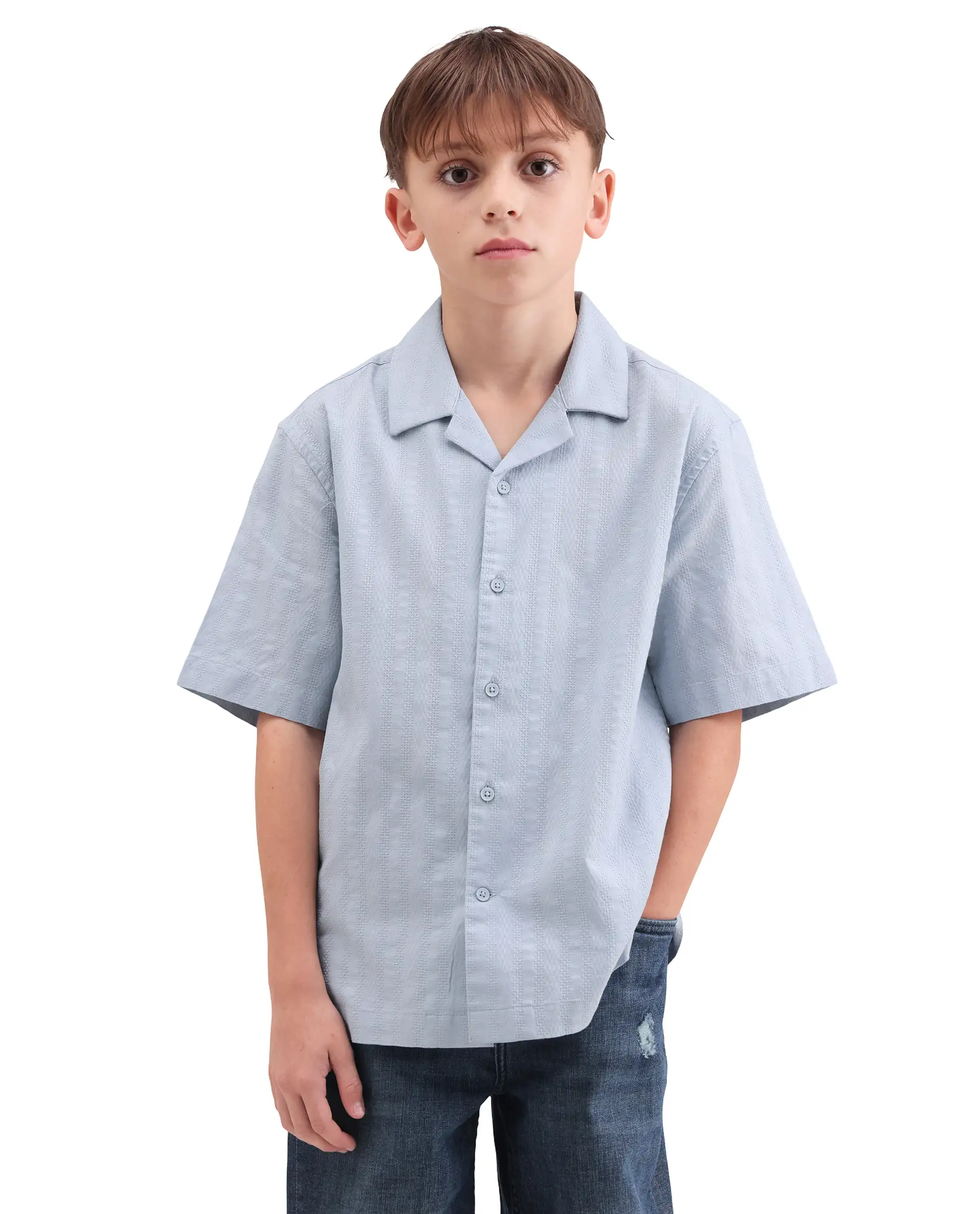 Rare Ones Kids Felic Light Blue Cotton Fabric Button Closure Regular Fit Shirt - Image 3