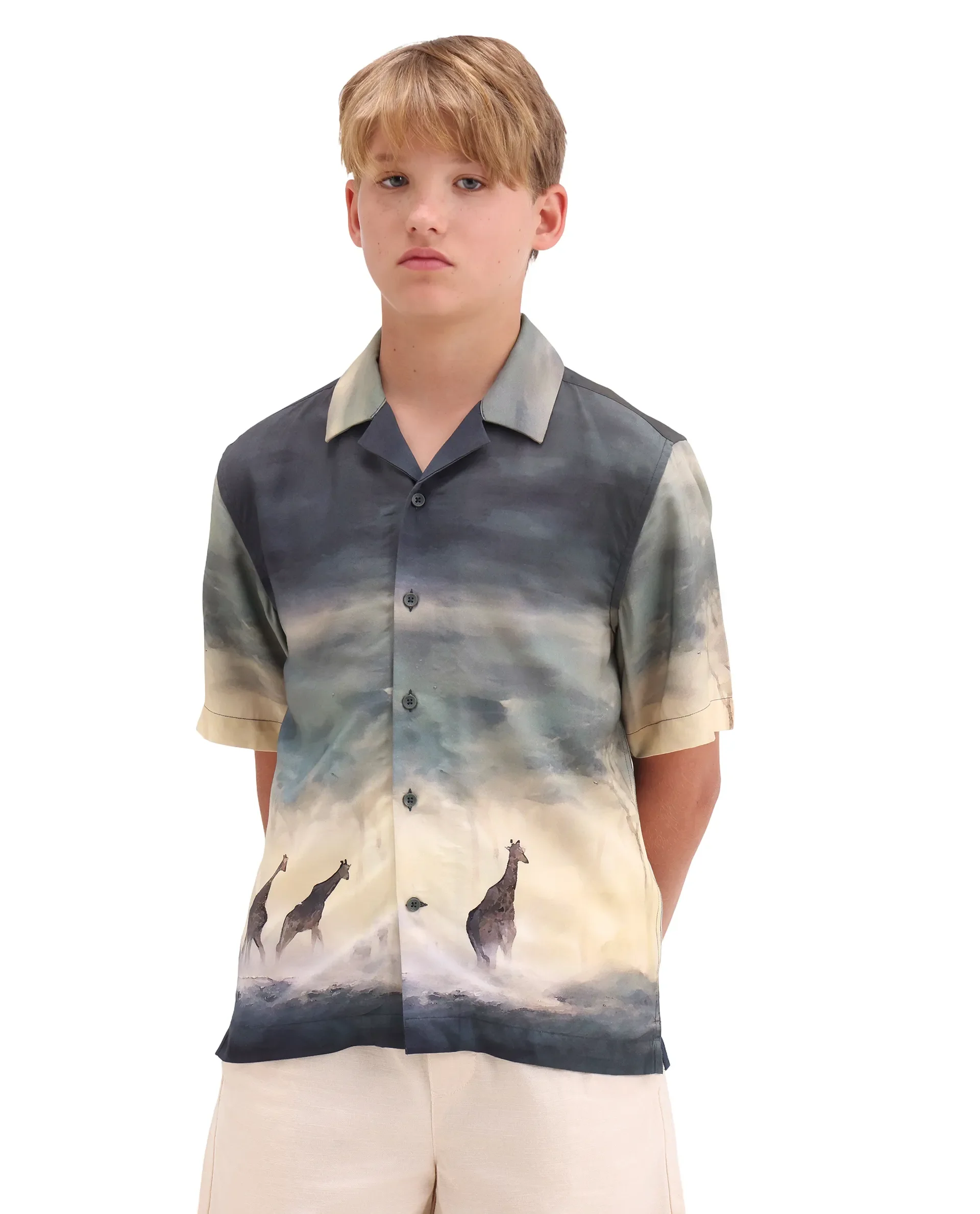 Rare Ones Kids Kenyo-26 Green Viscose Rayon Fabric Button Closure Boxy Fit Shirt - Image 3