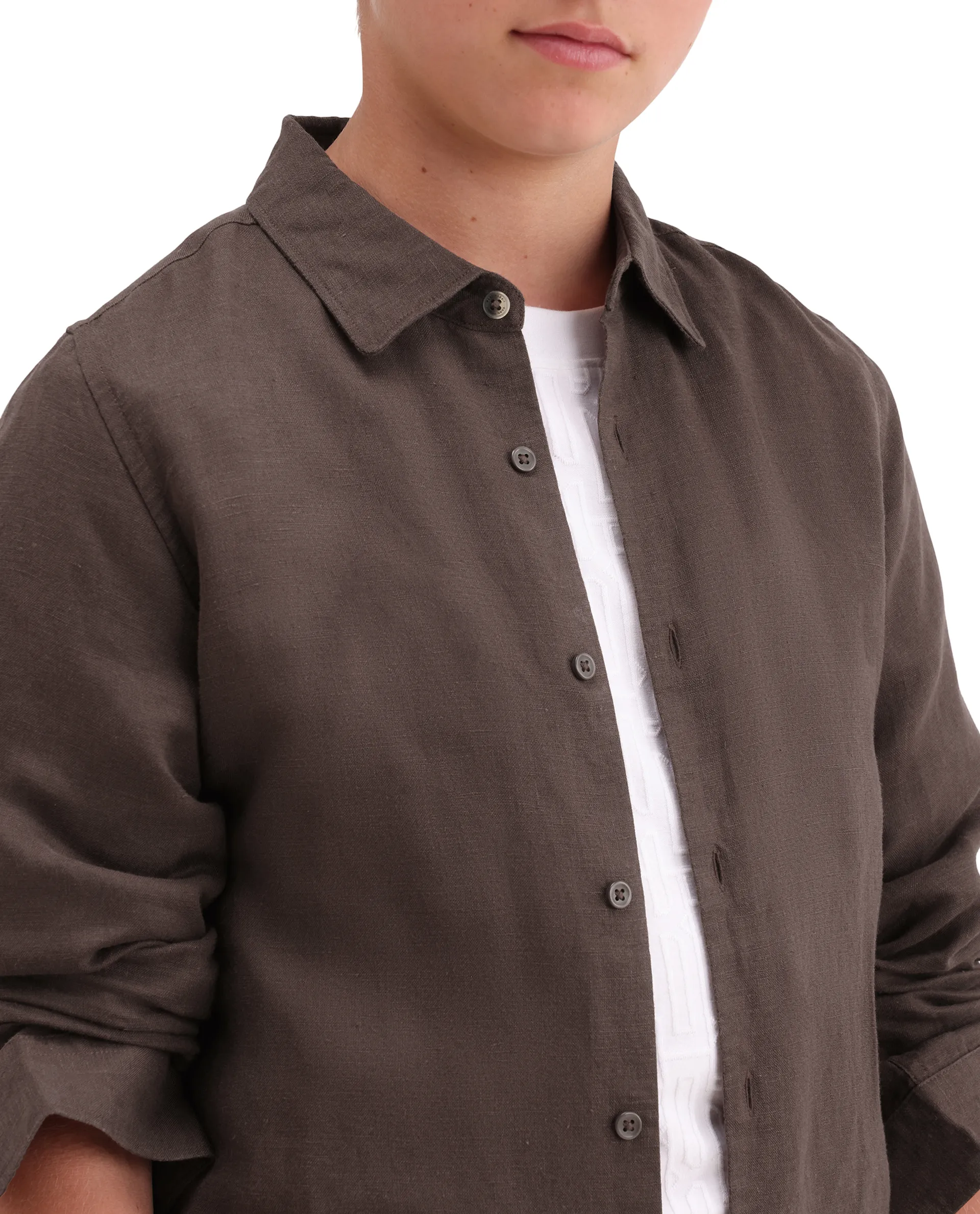 Rare Ones Kids Lino-Fs Dark Brown Linen Blend Button Closure Regular Fit Shirt - Image 3