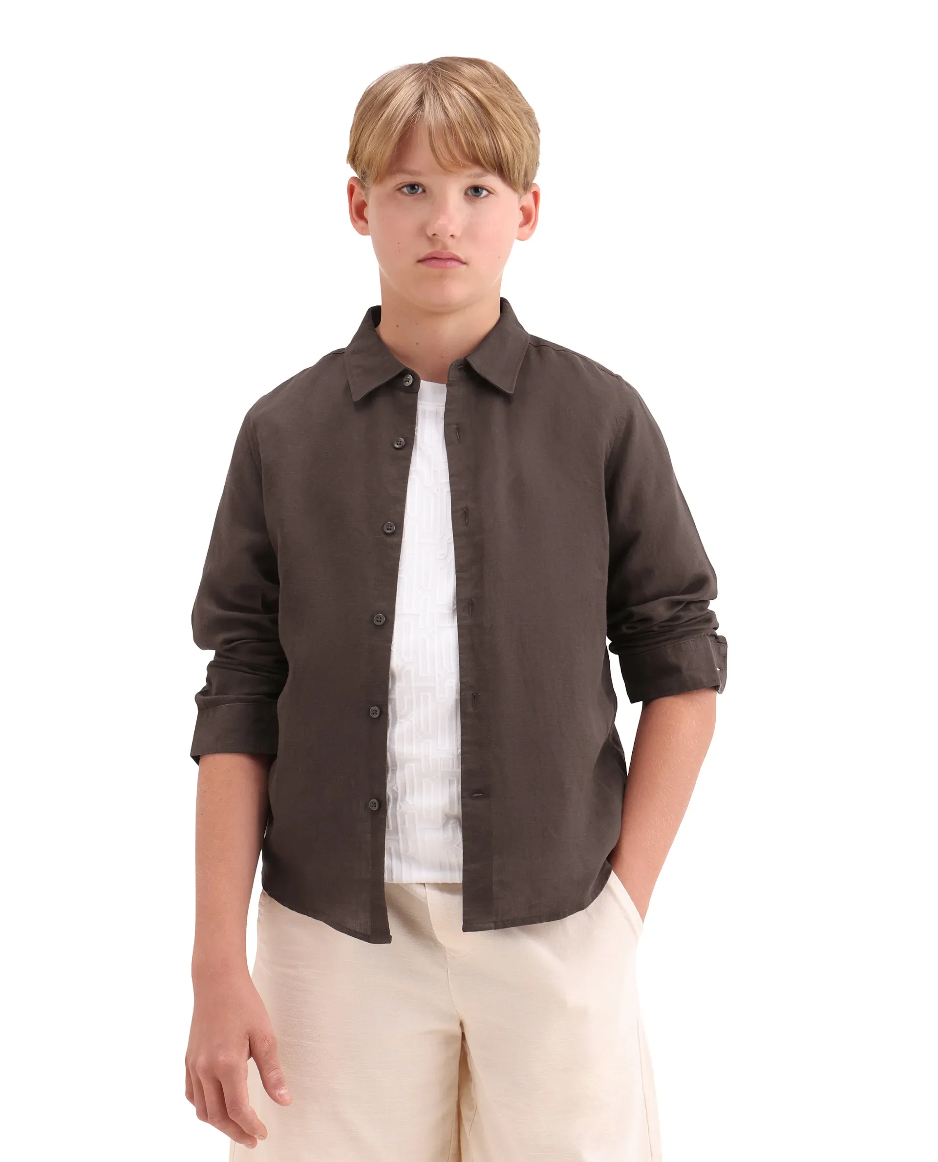 Rare Ones Kids Lino-Fs Dark Brown Linen Blend Button Closure Regular Fit Shirt - Image 4