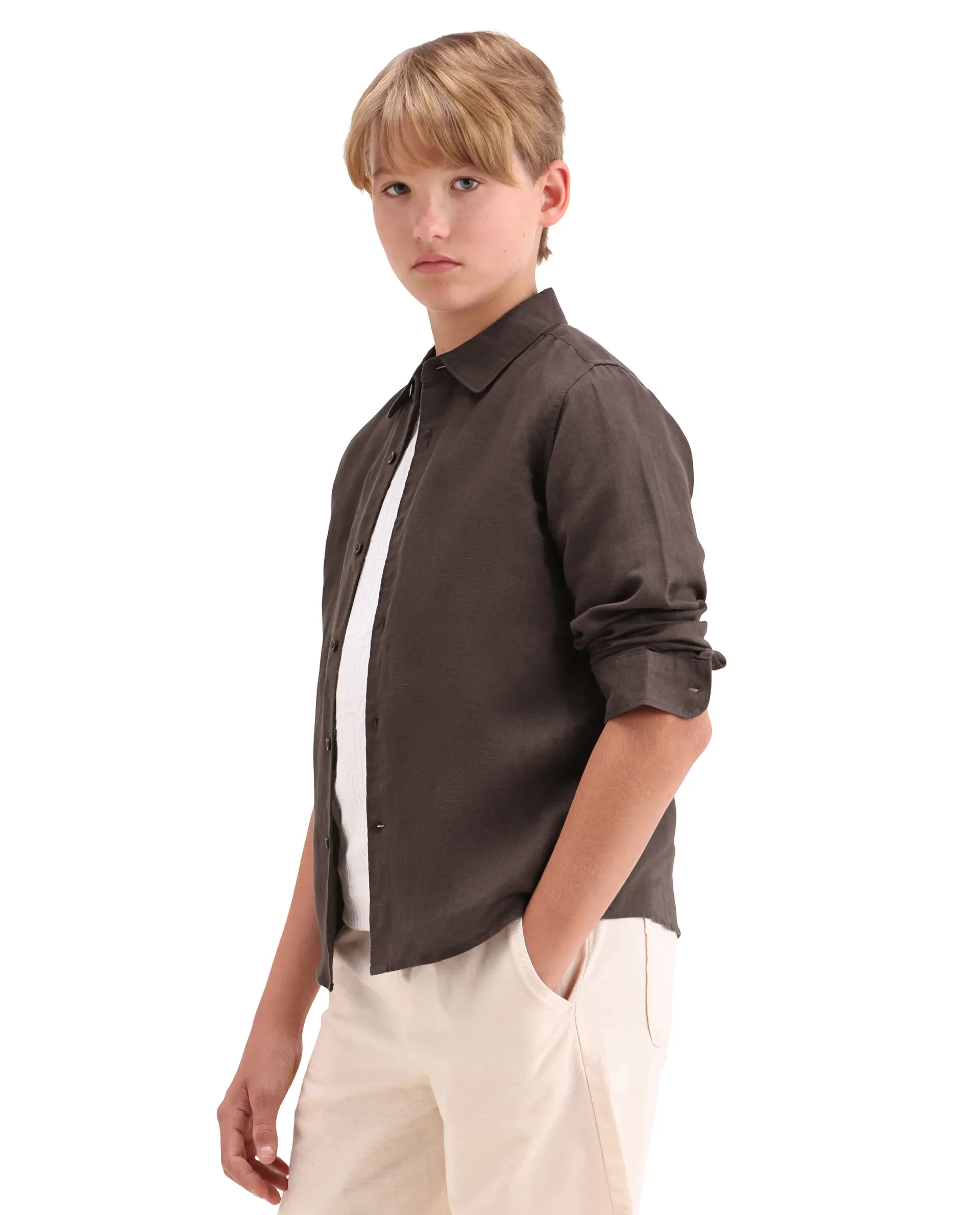 Rare Ones Kids Lino-Fs Dark Brown Linen Blend Button Closure Regular Fit Shirt - Image 5