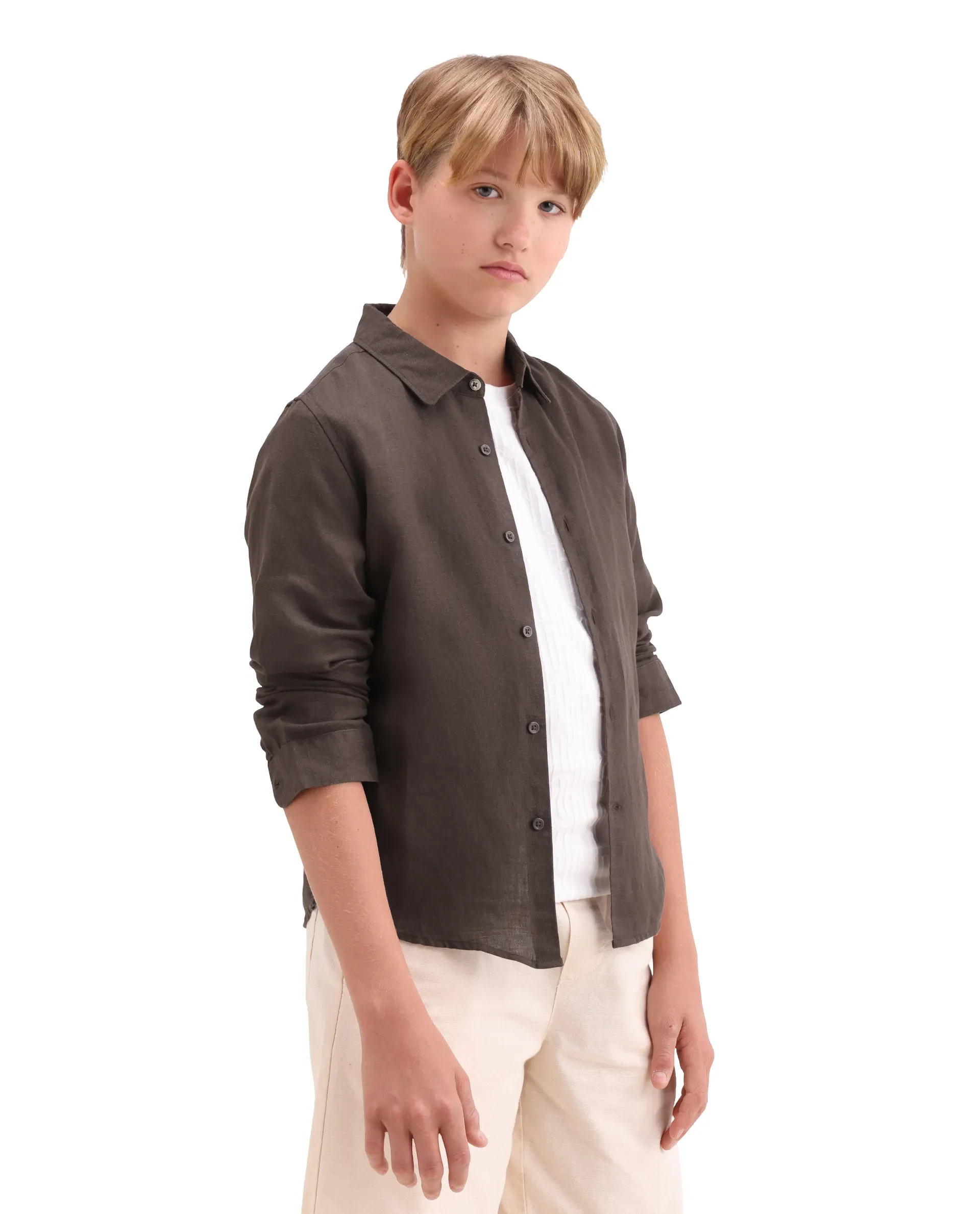 Rare Ones Kids Lino-Fs Dark Brown Linen Blend Button Closure Regular Fit Shirt - Image 6