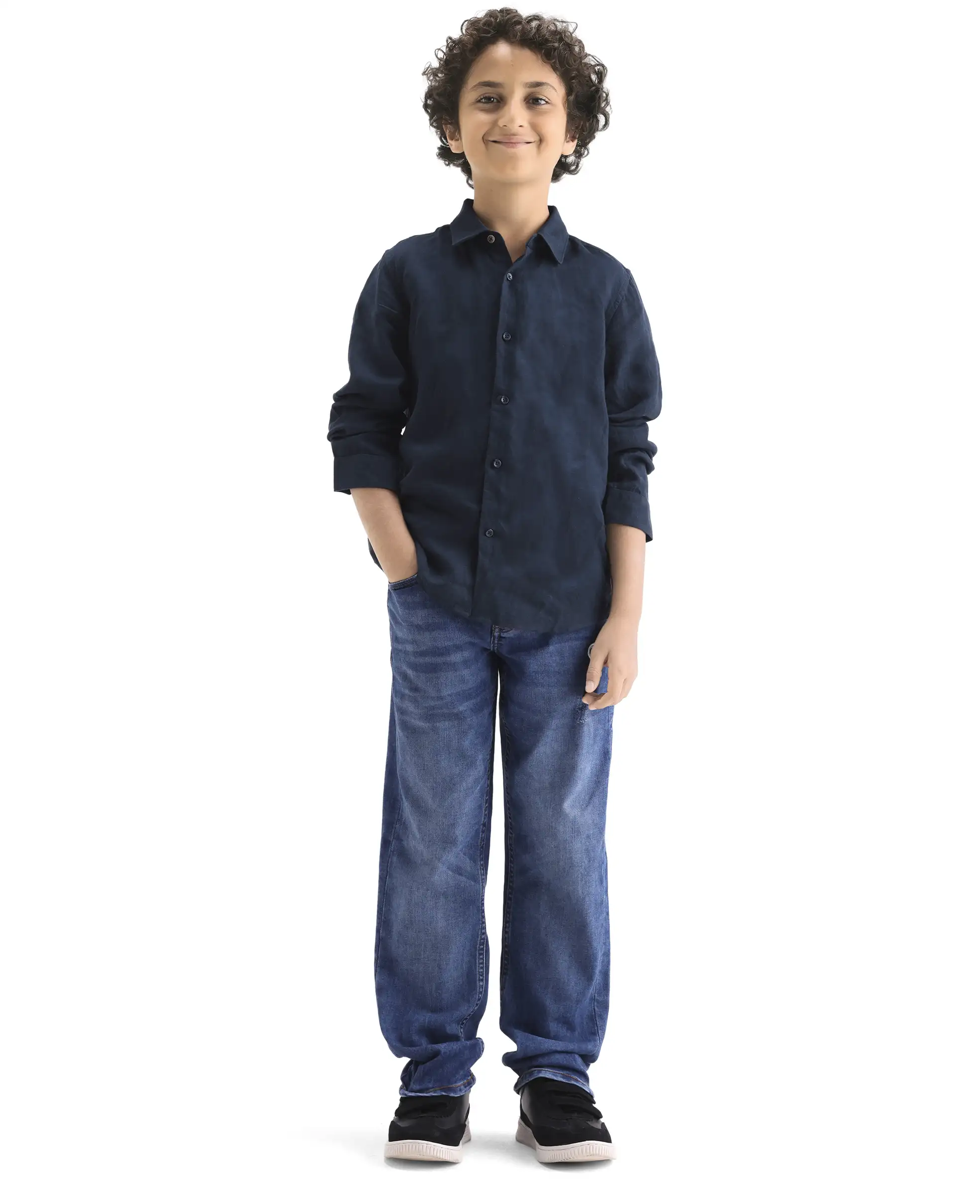 Rare Ones Kids Lino-Fs Dark Navy Linen Blend Button Closure Regular Fit Shirt - Image 2