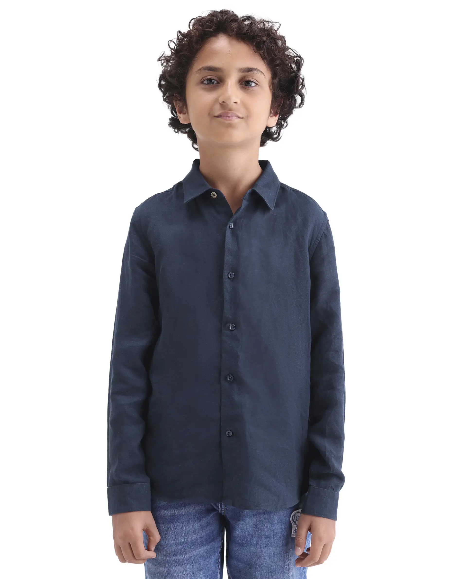 Rare Ones Kids Lino-Fs Dark Navy Linen Blend Button Closure Regular Fit Shirt - Image 4