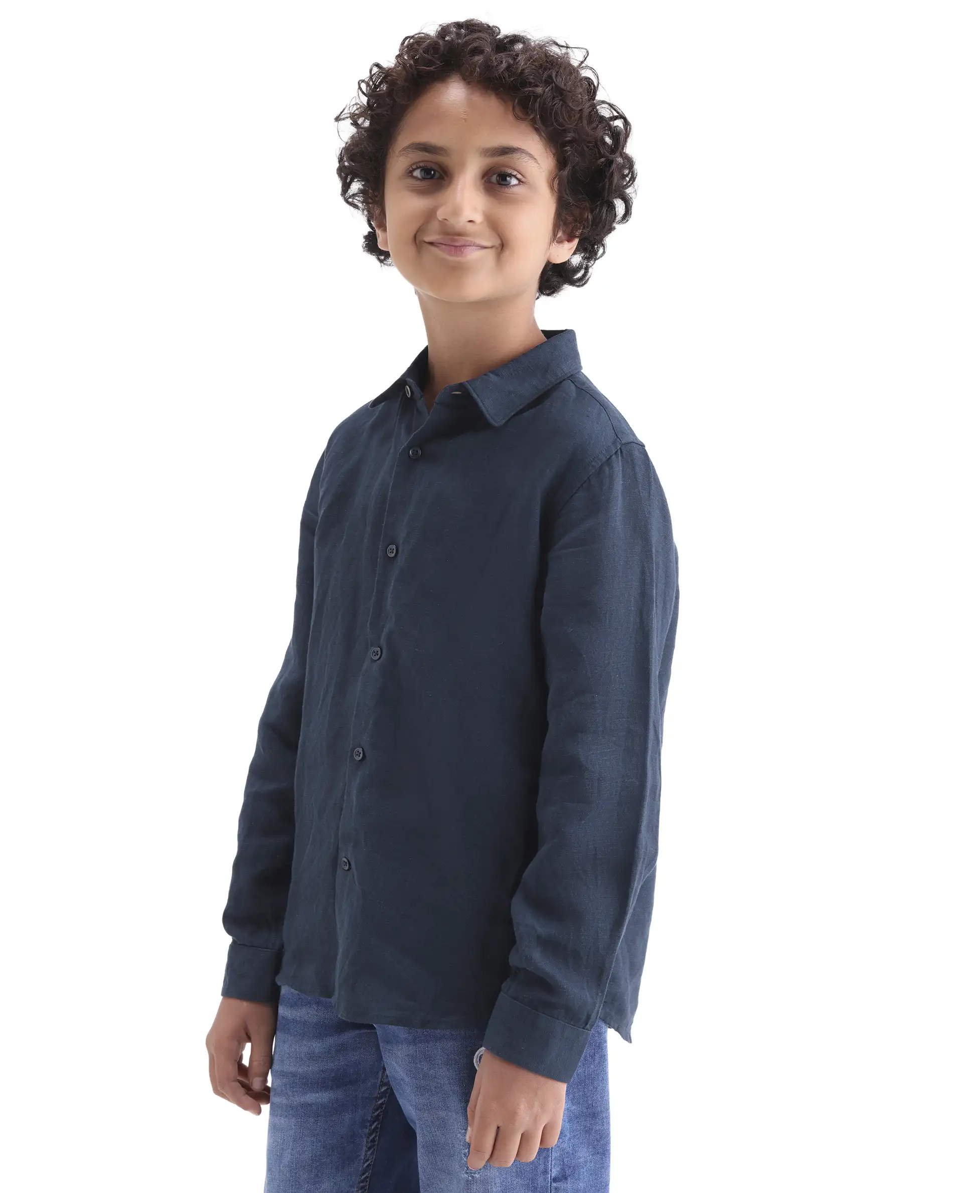 Rare Ones Kids Lino-Fs Dark Navy Linen Blend Button Closure Regular Fit Shirt - Image 5