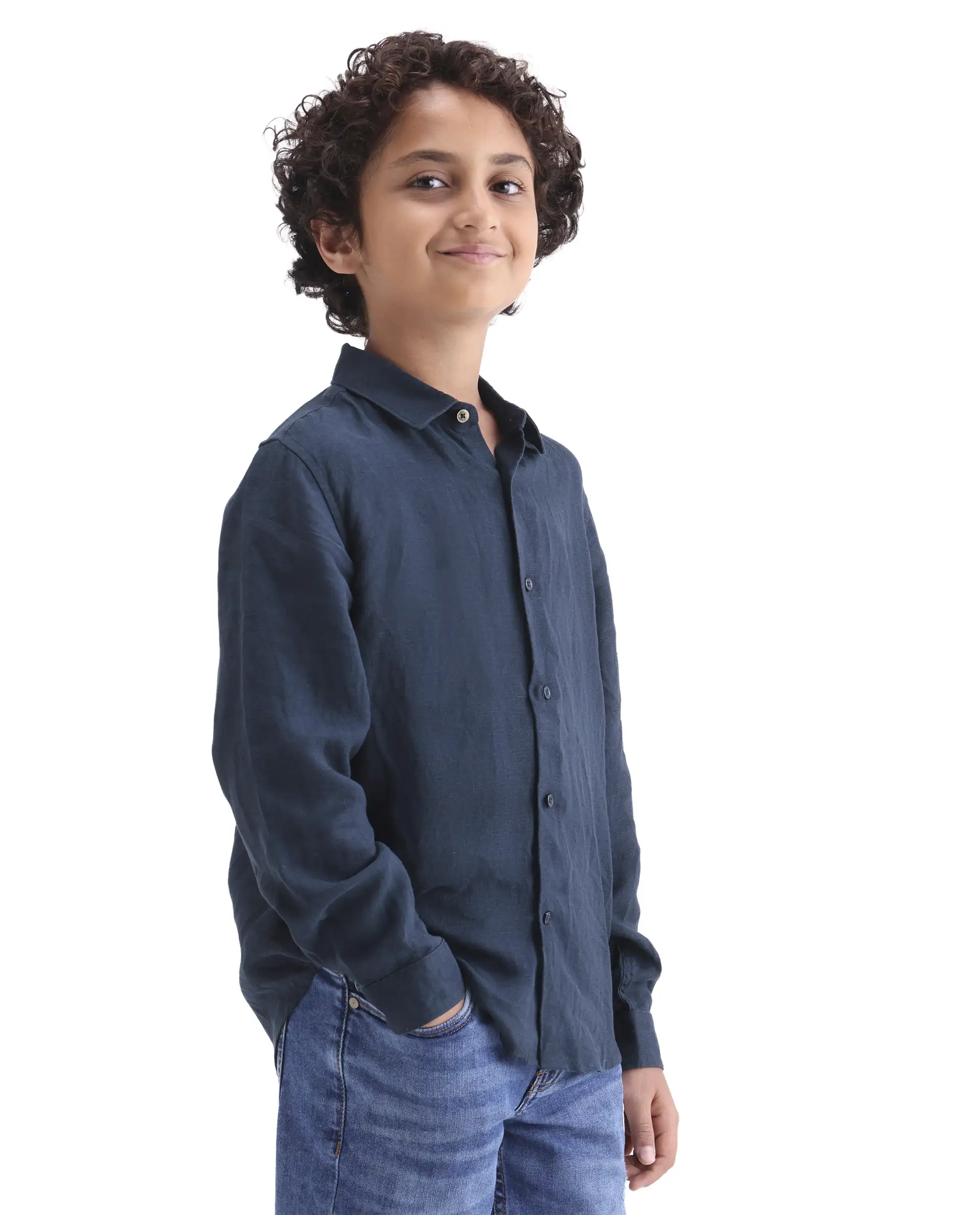 Rare Ones Kids Lino-Fs Dark Navy Linen Blend Button Closure Regular Fit Shirt - Image 6
