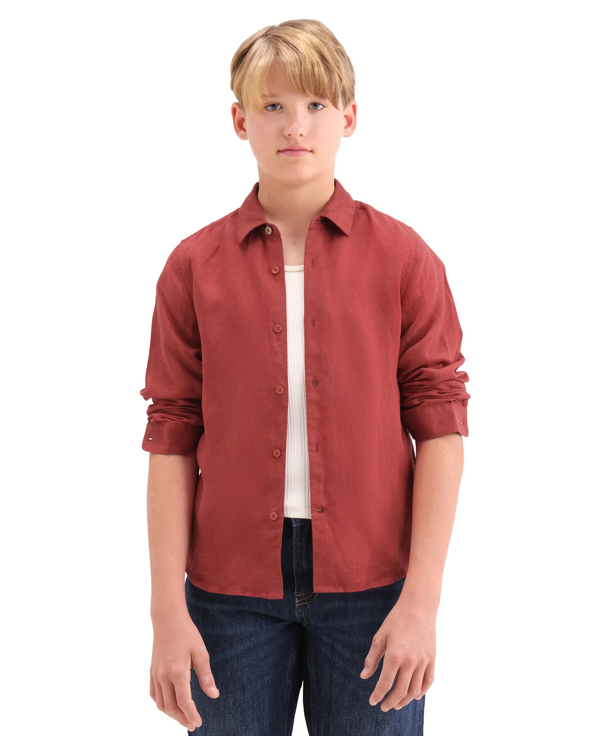 Rare Ones Kids Lino-Fs Red Linen Blend Button Closure Regular Fit Shirt - Image 4