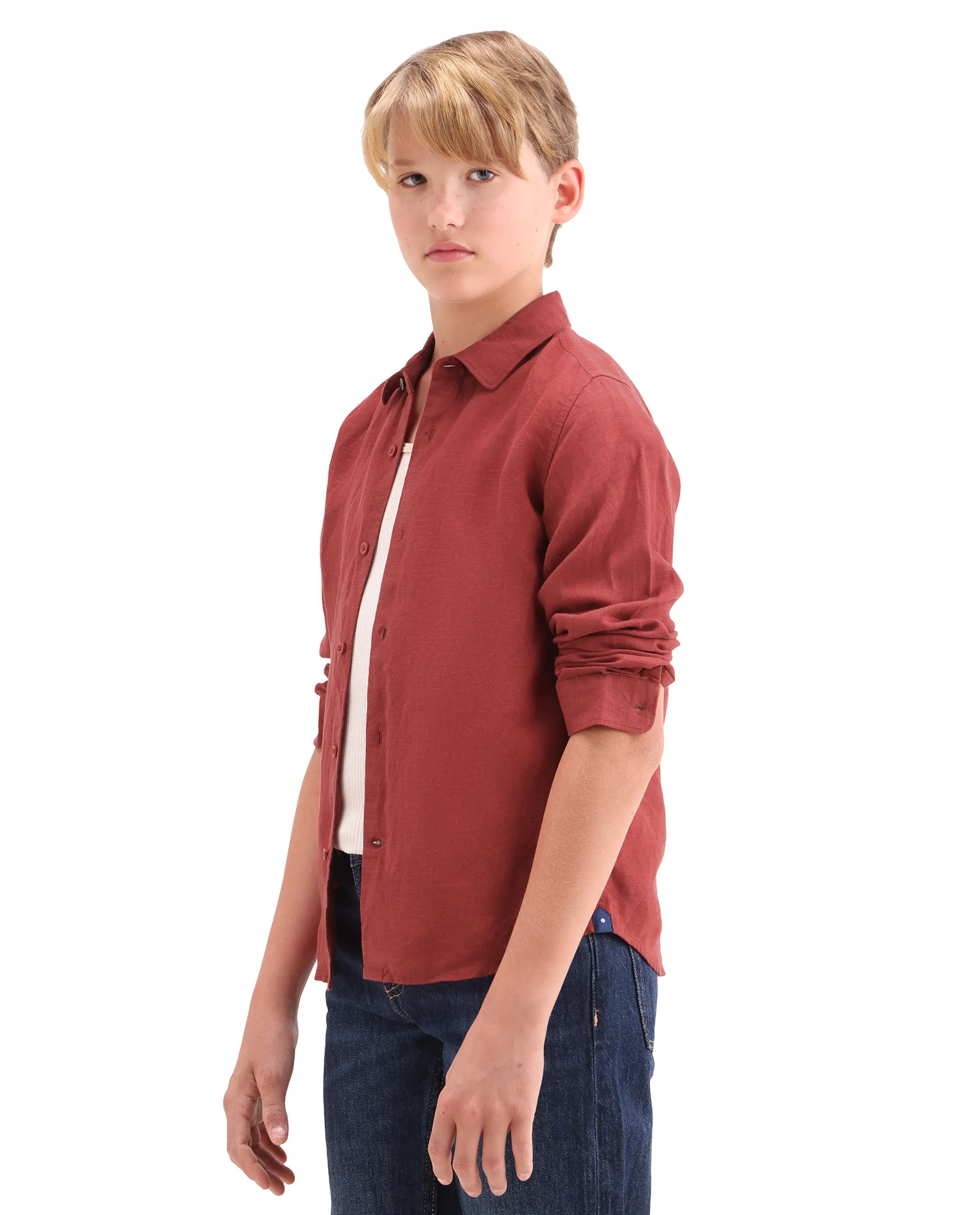 Rare Ones Kids Lino-Fs Red Linen Blend Button Closure Regular Fit Shirt - Image 5