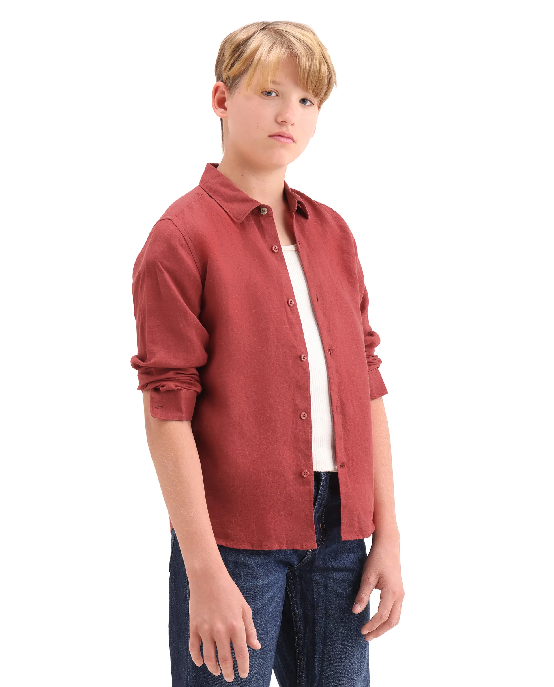 Rare Ones Kids Lino-Fs Red Linen Blend Button Closure Regular Fit Shirt - Image 6