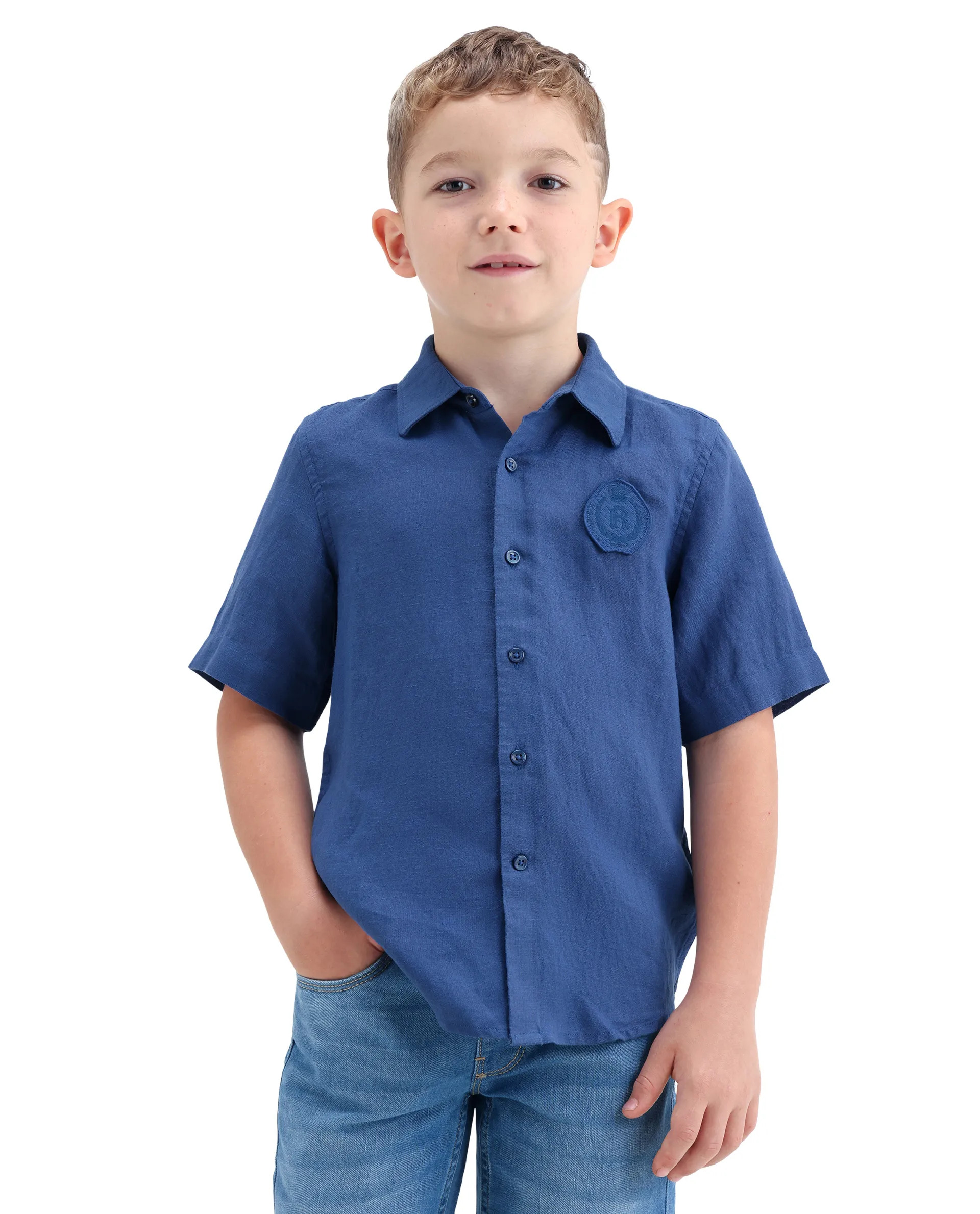 Rare Ones Kids Lino-Hs Blue Linen Blend Button Closure Regular Fit Shirt - Image 5