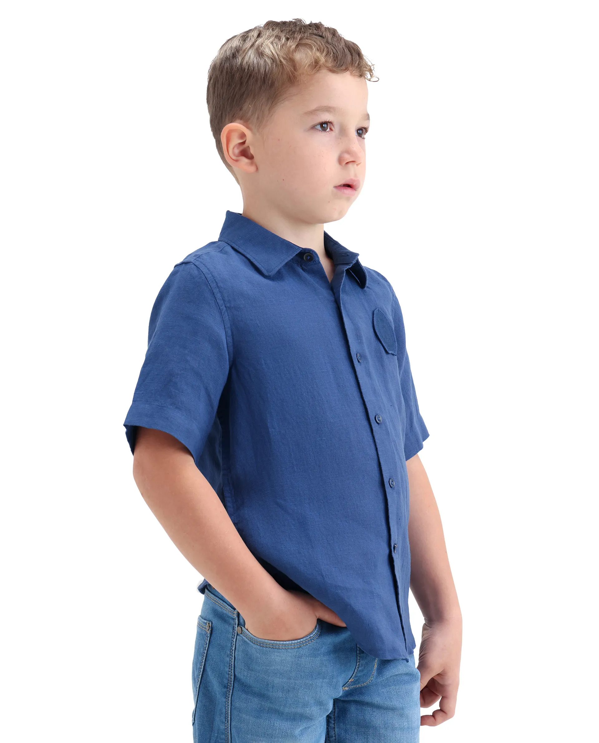 Rare Ones Kids Lino-Hs Blue Linen Blend Button Closure Regular Fit Shirt - Image 6
