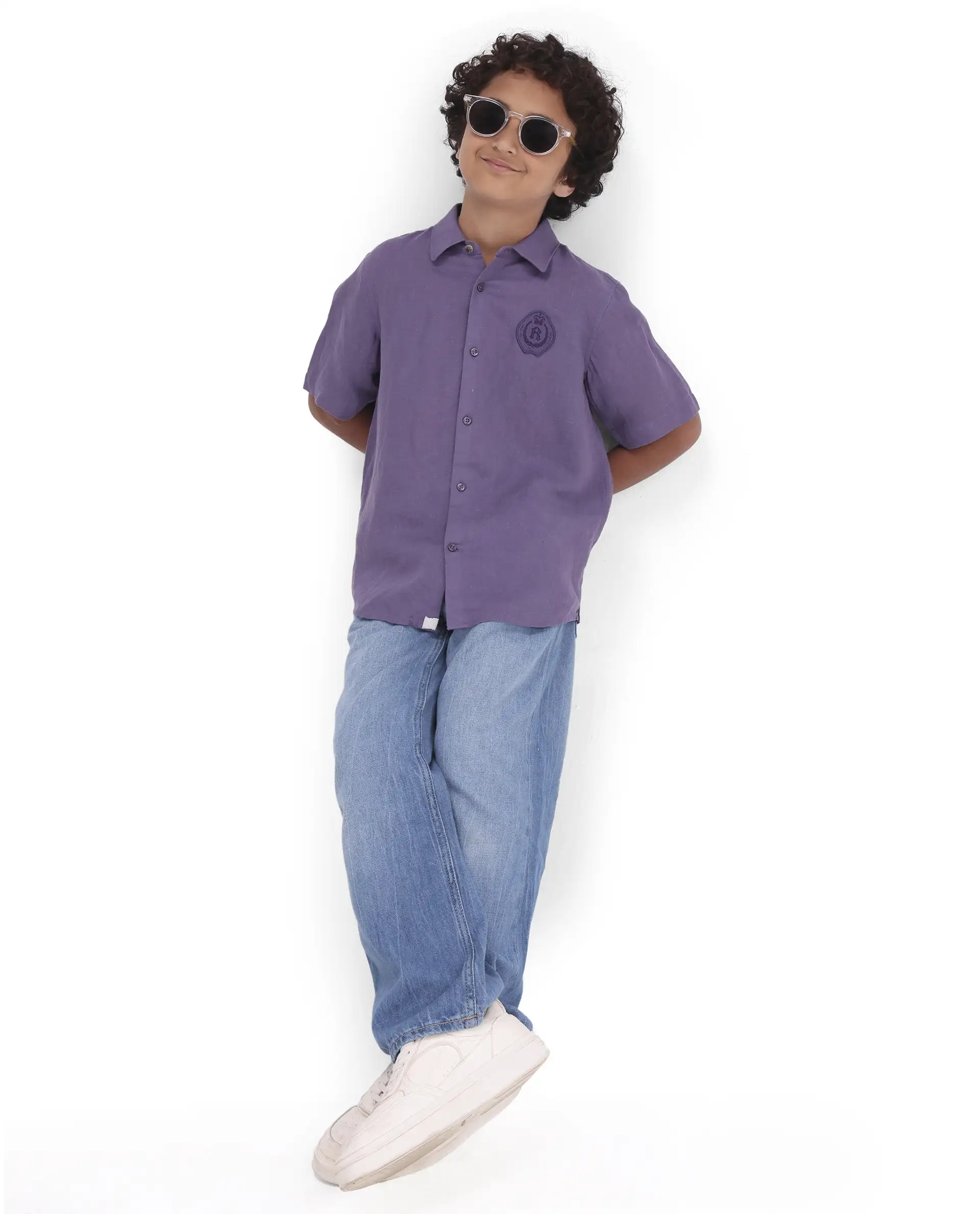 Rare Ones Kids Lino-Hs Purple Linen Blend Button Closure Regular Fit Shirt - Image 2