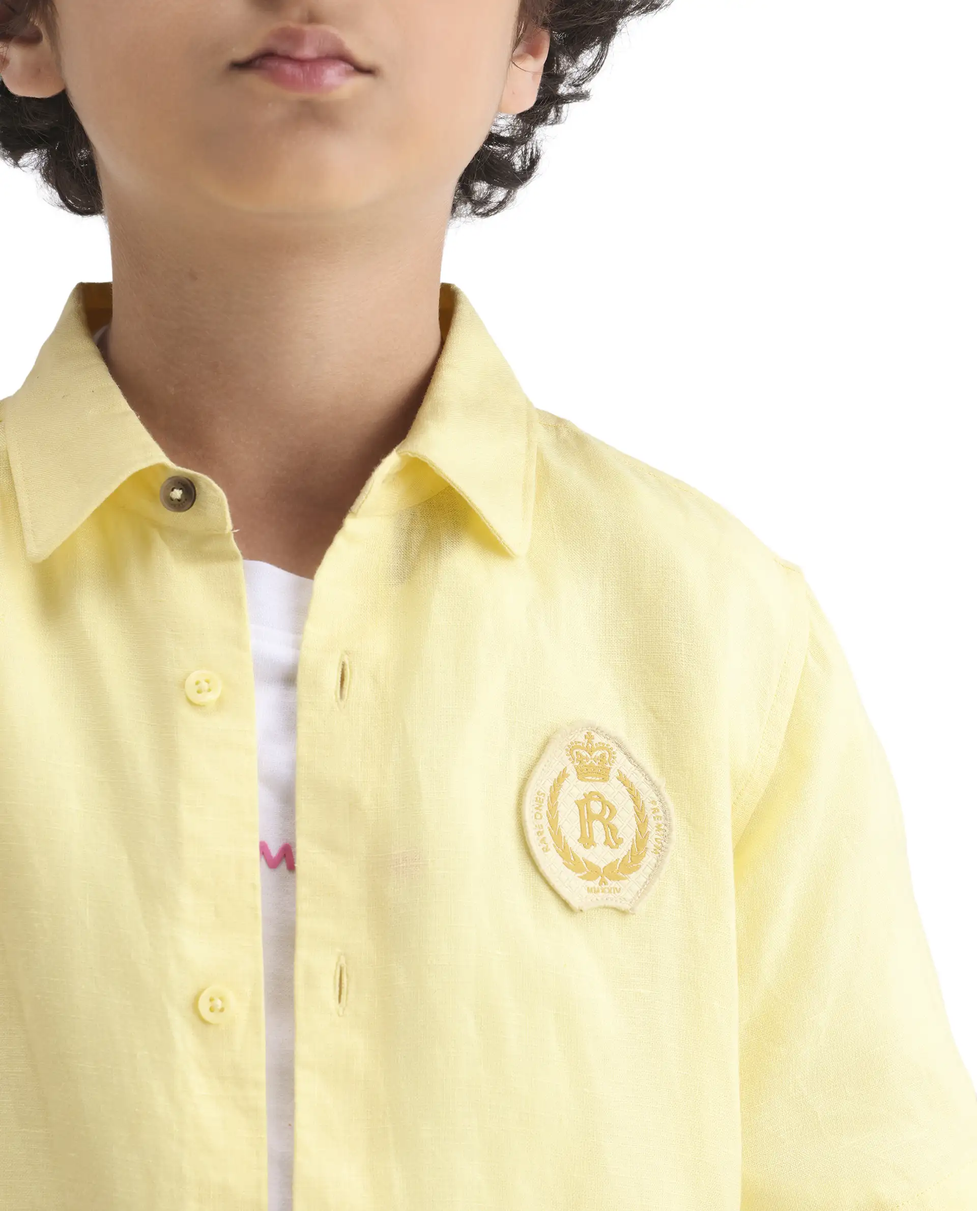 Rare Ones Kids Lino-Hs Yellow Linen Blend Button Closure Regular Fit Shirt - Image 3