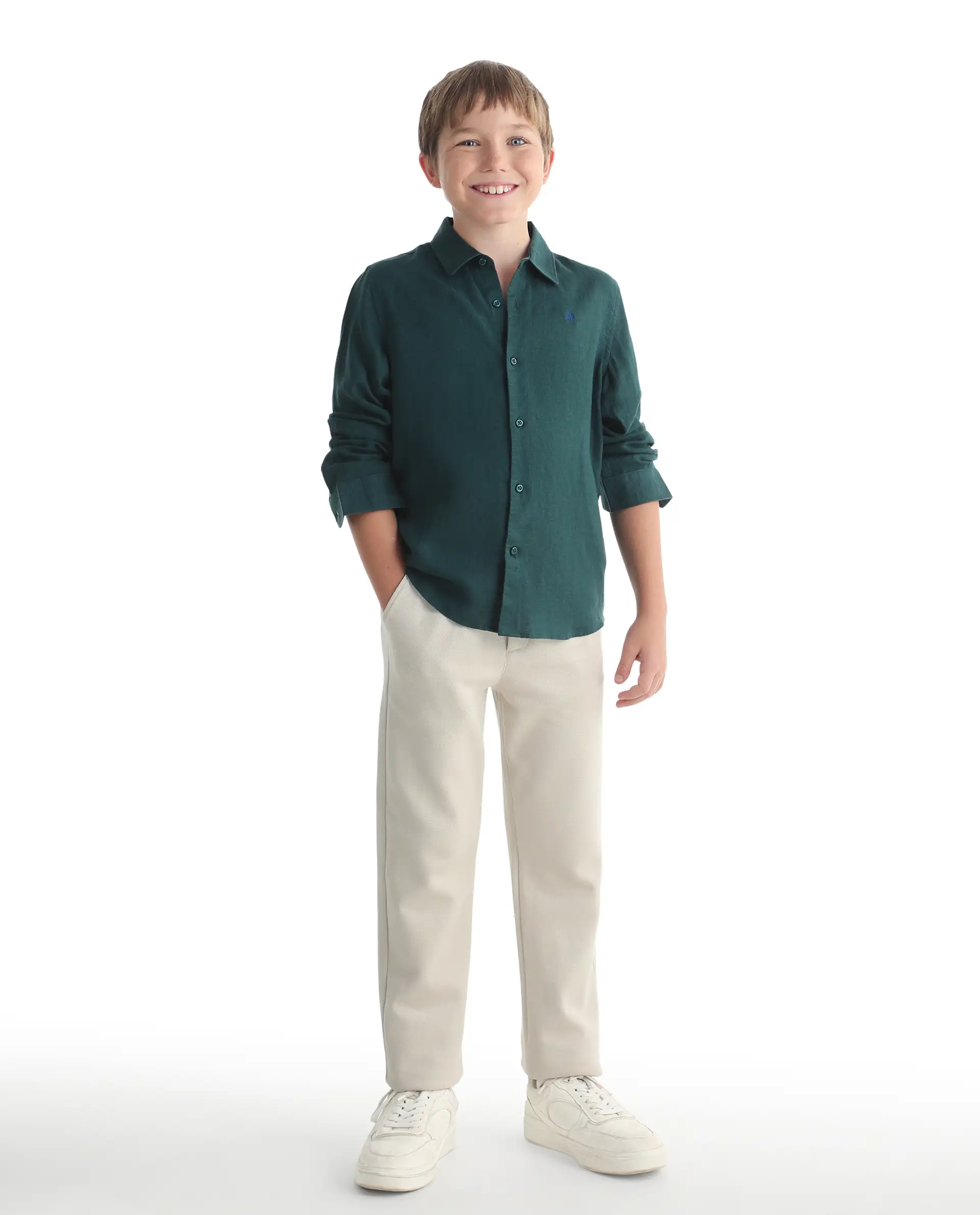 Rare Ones Kids Linot-Fs Dark Green Linen Blend Button Closure Regular Fit Shirt - Image 2