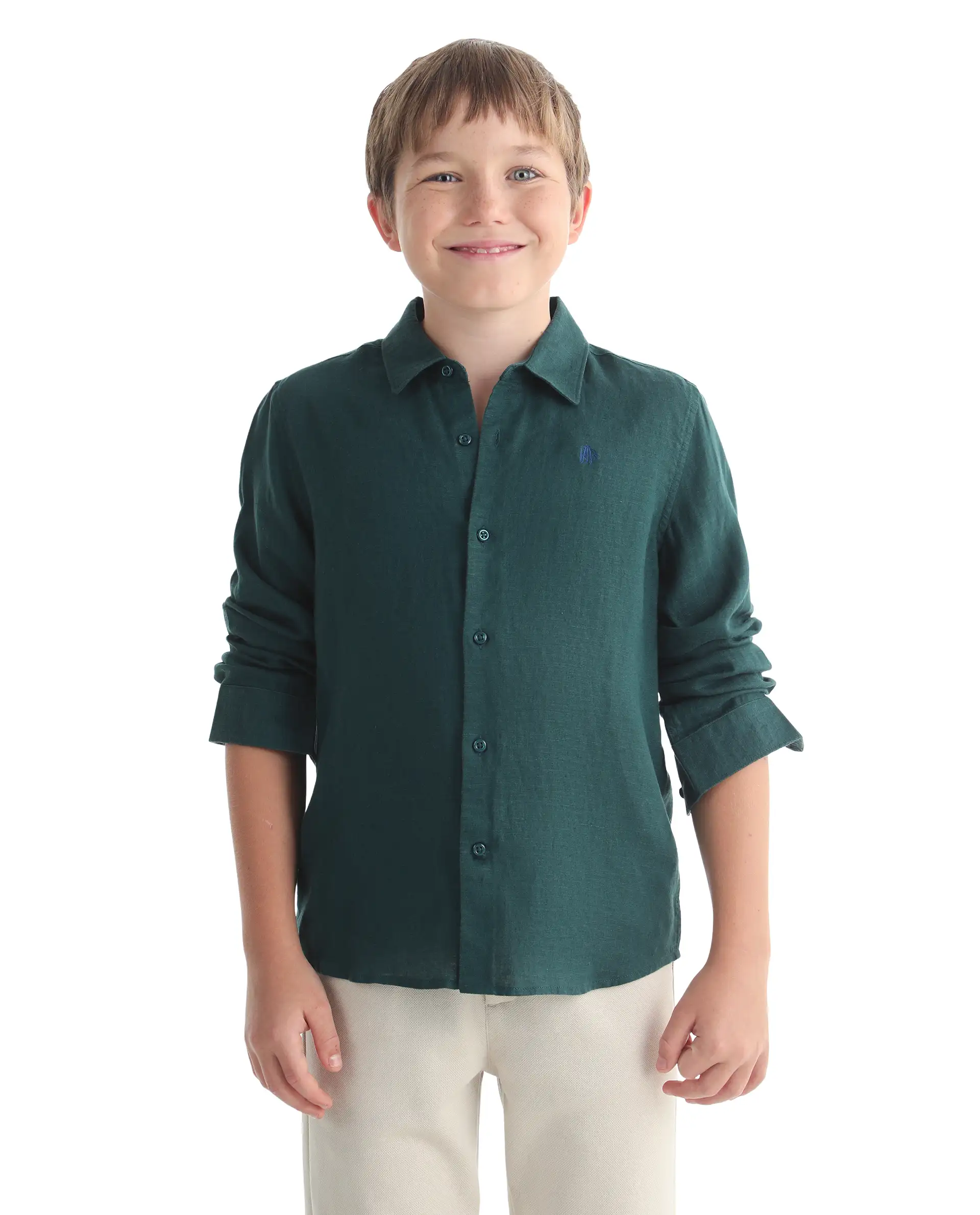 Rare Ones Kids Linot-Fs Dark Green Linen Blend Button Closure Regular Fit Shirt - Image 3