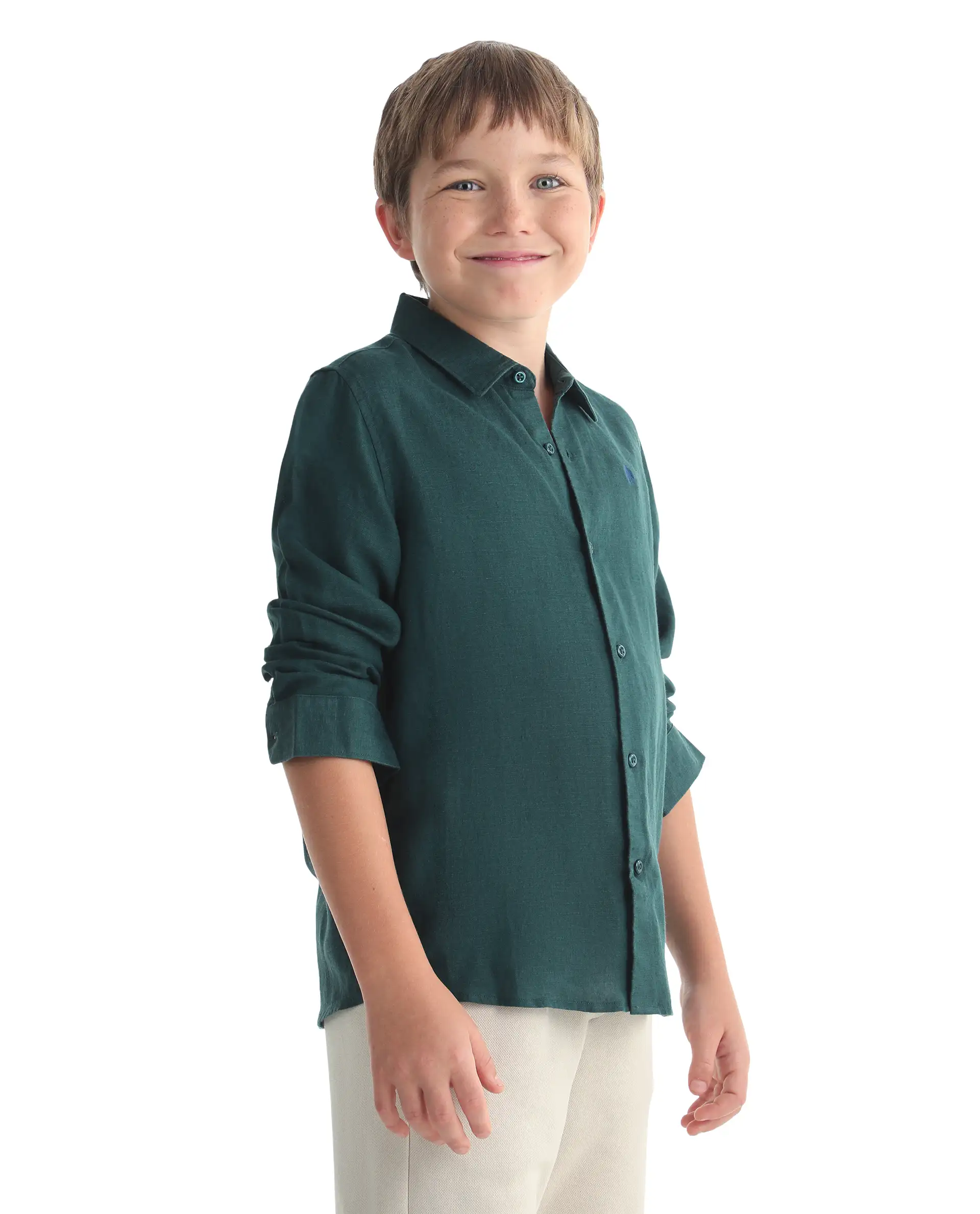 Rare Ones Kids Linot-Fs Dark Green Linen Blend Button Closure Regular Fit Shirt - Image 5